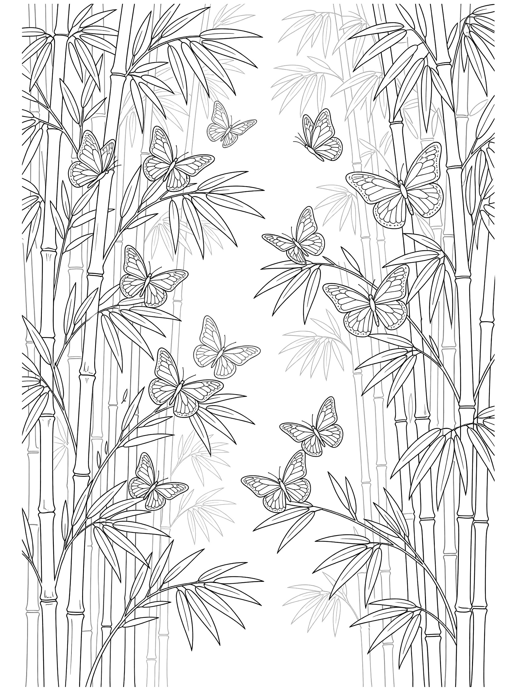 Line art coloring page showing delicate butterflies fluttering among tall slender bamboo stalks and overlapping leaves in a dense bamboo forest with misty background.
