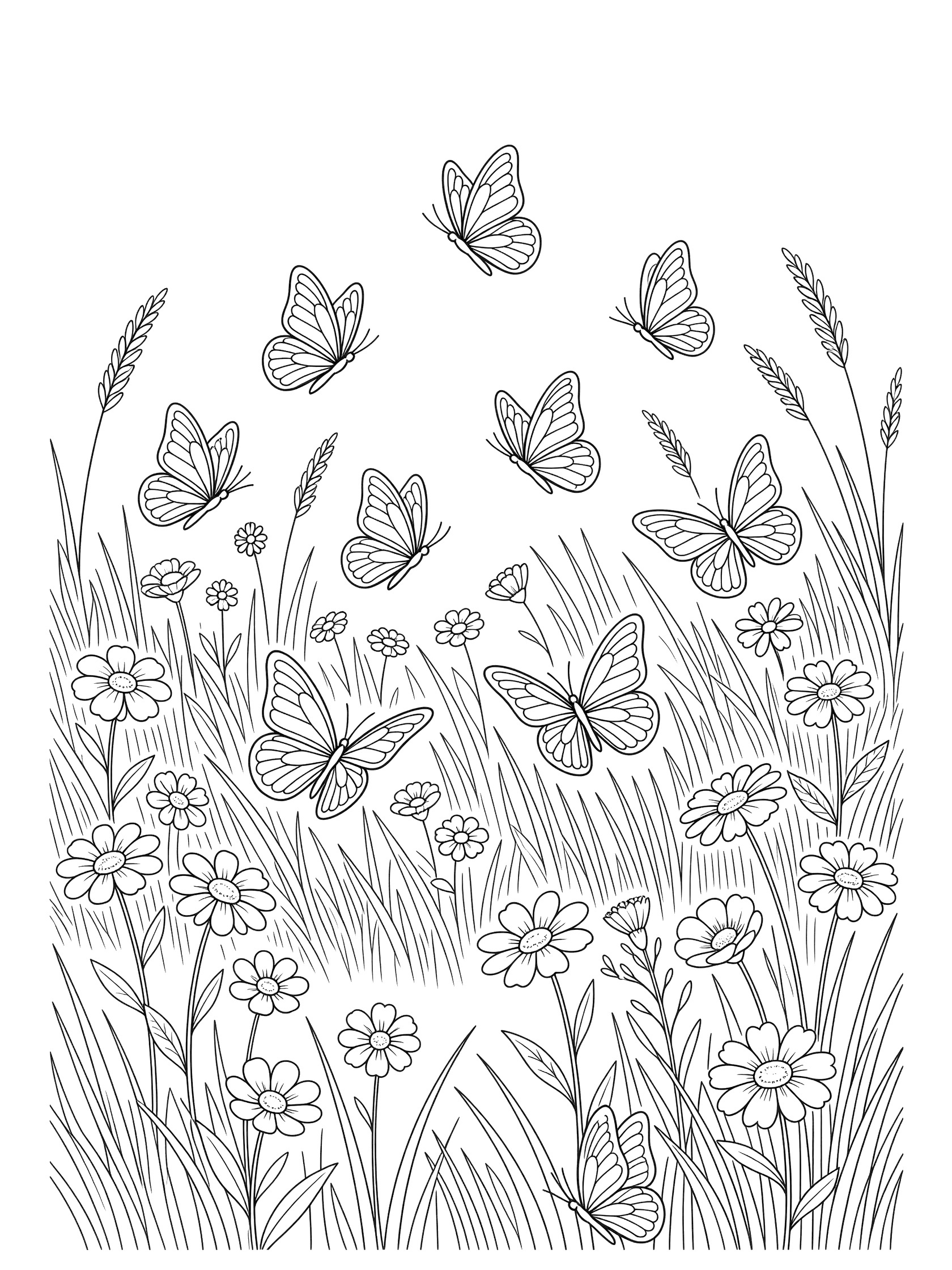 Black and white line art coloring page showing several butterflies with detailed wings flying in a circle among tall grass blades and simple daisy flowers. Butterfly themed black and white printable line art
