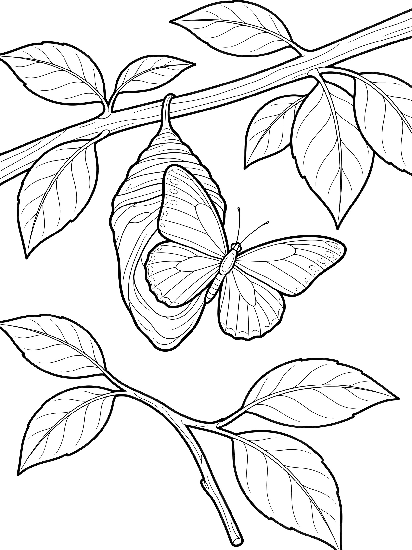 Black and white line art coloring page showing a butterfly emerging from a chrysalis hanging from a branch with leaves and twigs.