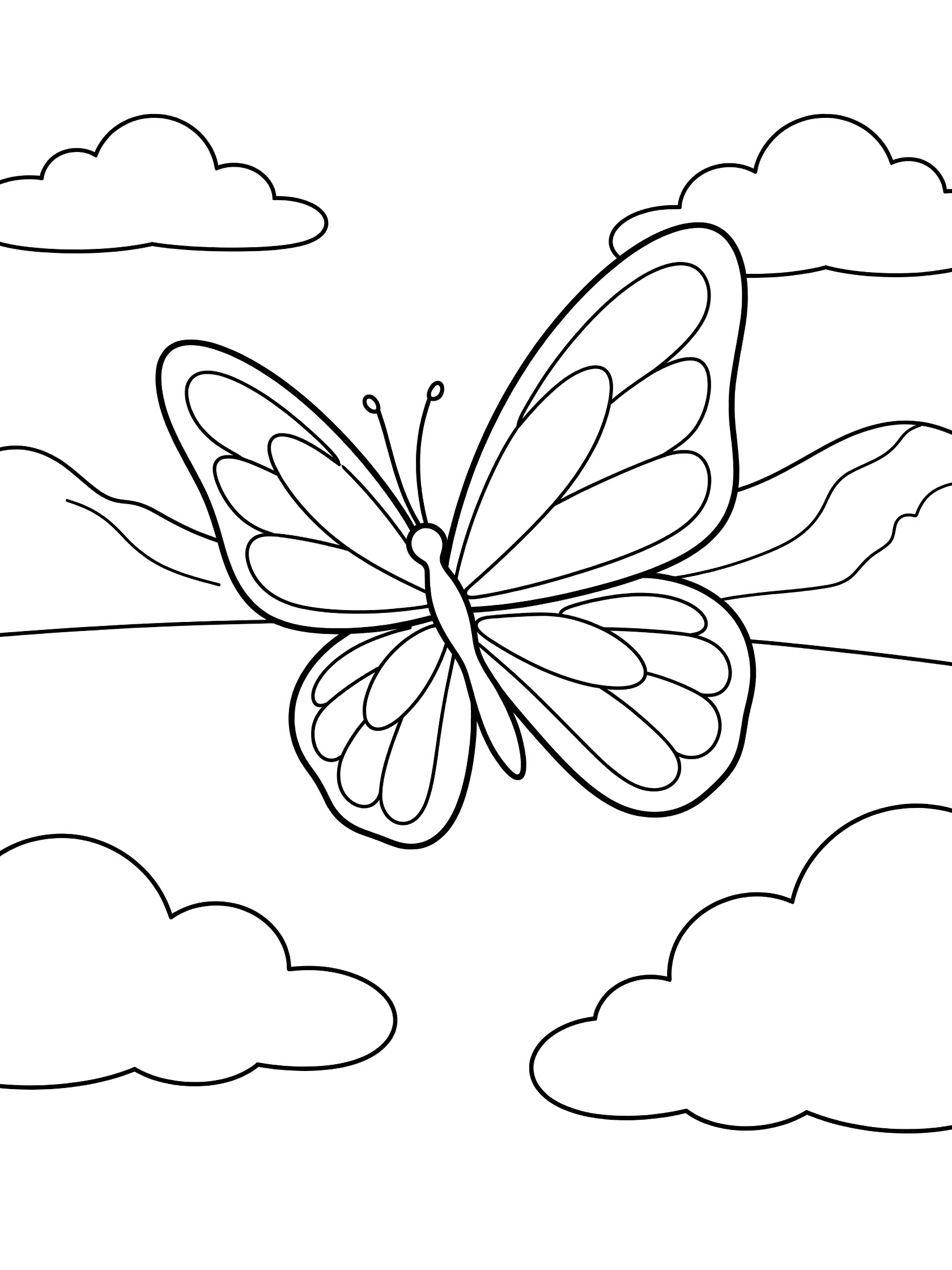 Black and white line drawing of a butterfly with spread wings flying near clouds and a hill, printable coloring page