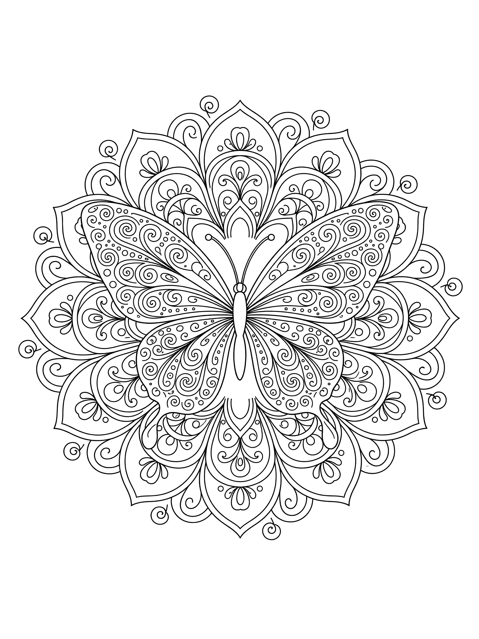 Black and white line art of a butterfly mandala with intricate wing patterns of curls, dots, loops, and flourishes radiating outward.