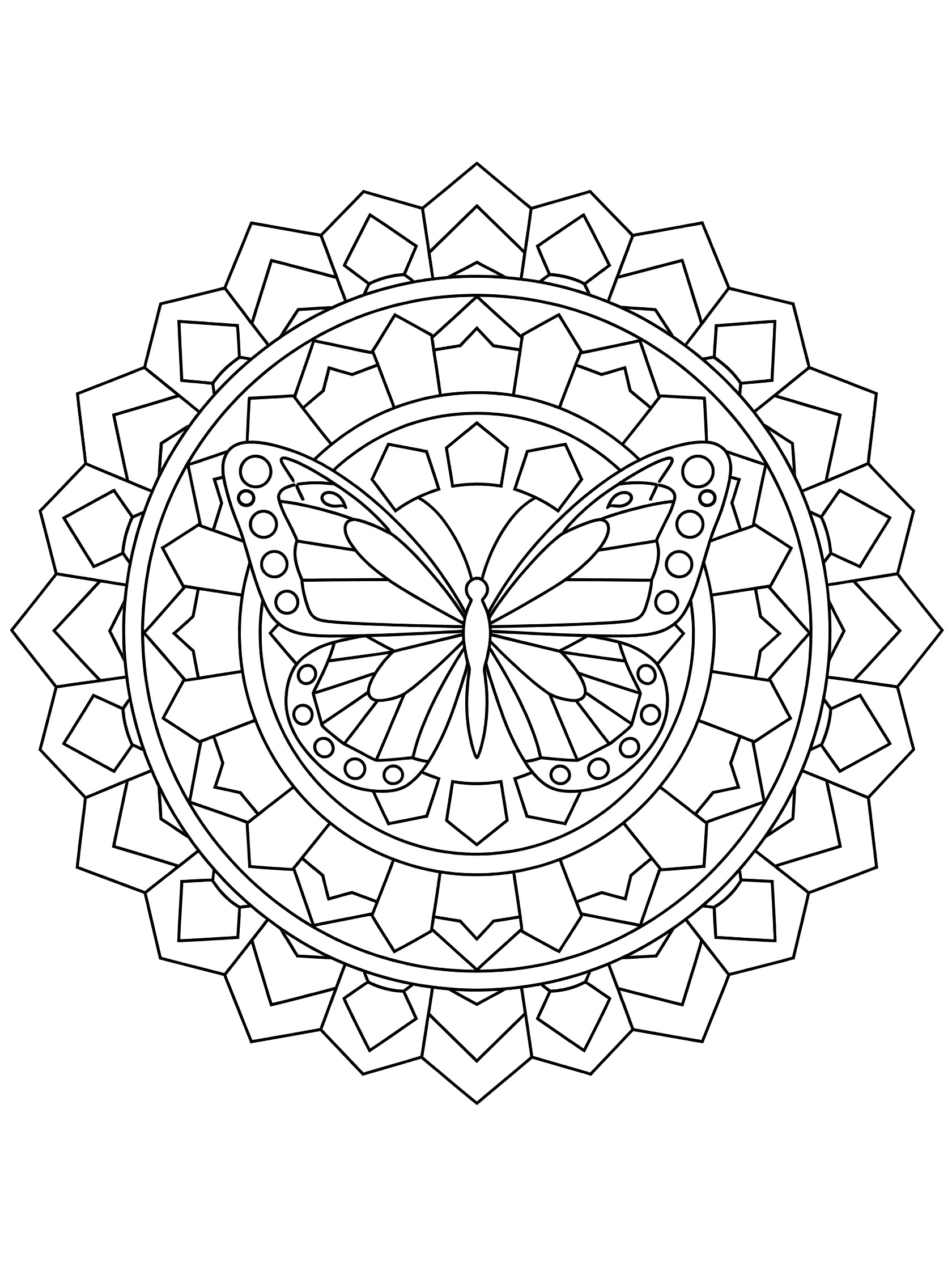 Symmetrical black and white mandala coloring page featuring a central butterfly with patterned wings and geometric rings of shapes.