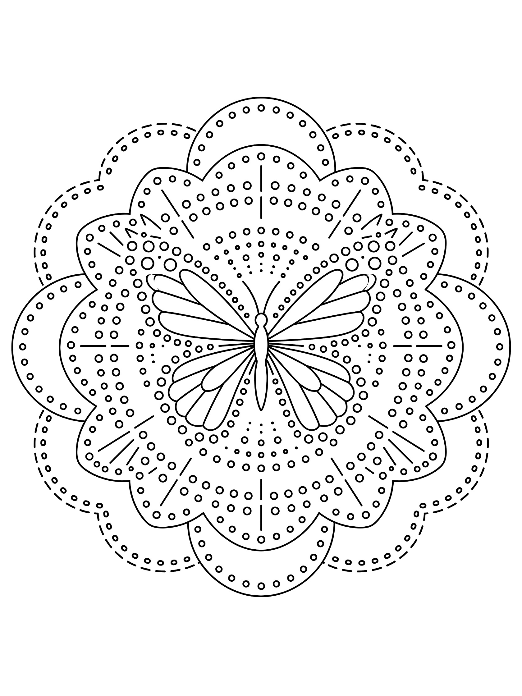 Black and white printable coloring page of a symmetric butterfly mandala made with dots, straight lines, and dashed borders.
