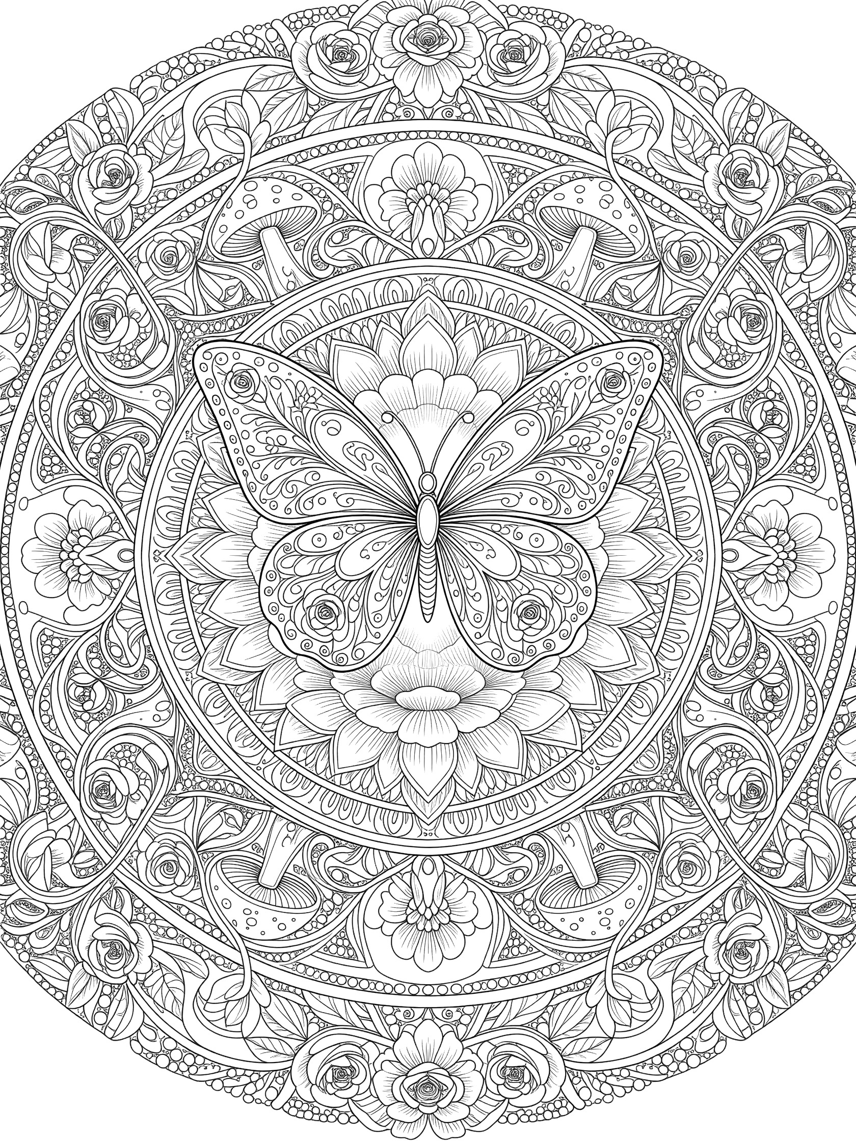 Black and white line art of a butterfly in a round mandala with flowers, mushrooms, and patterns