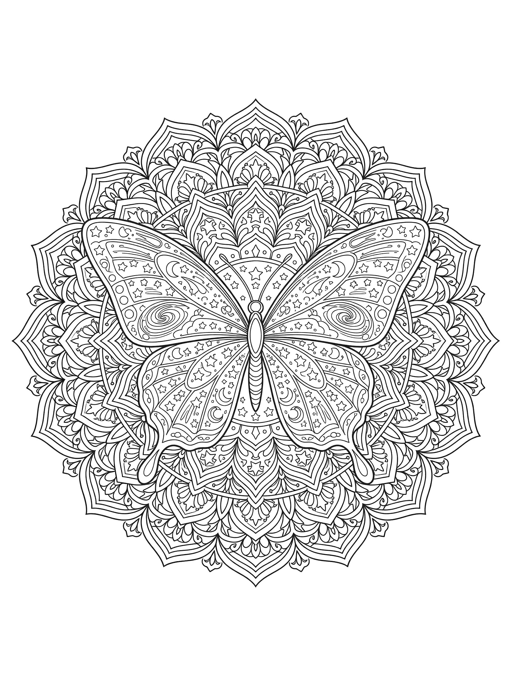 Black and white line art of a symmetrical butterfly mandala with intricate wing patterns and decorative details.