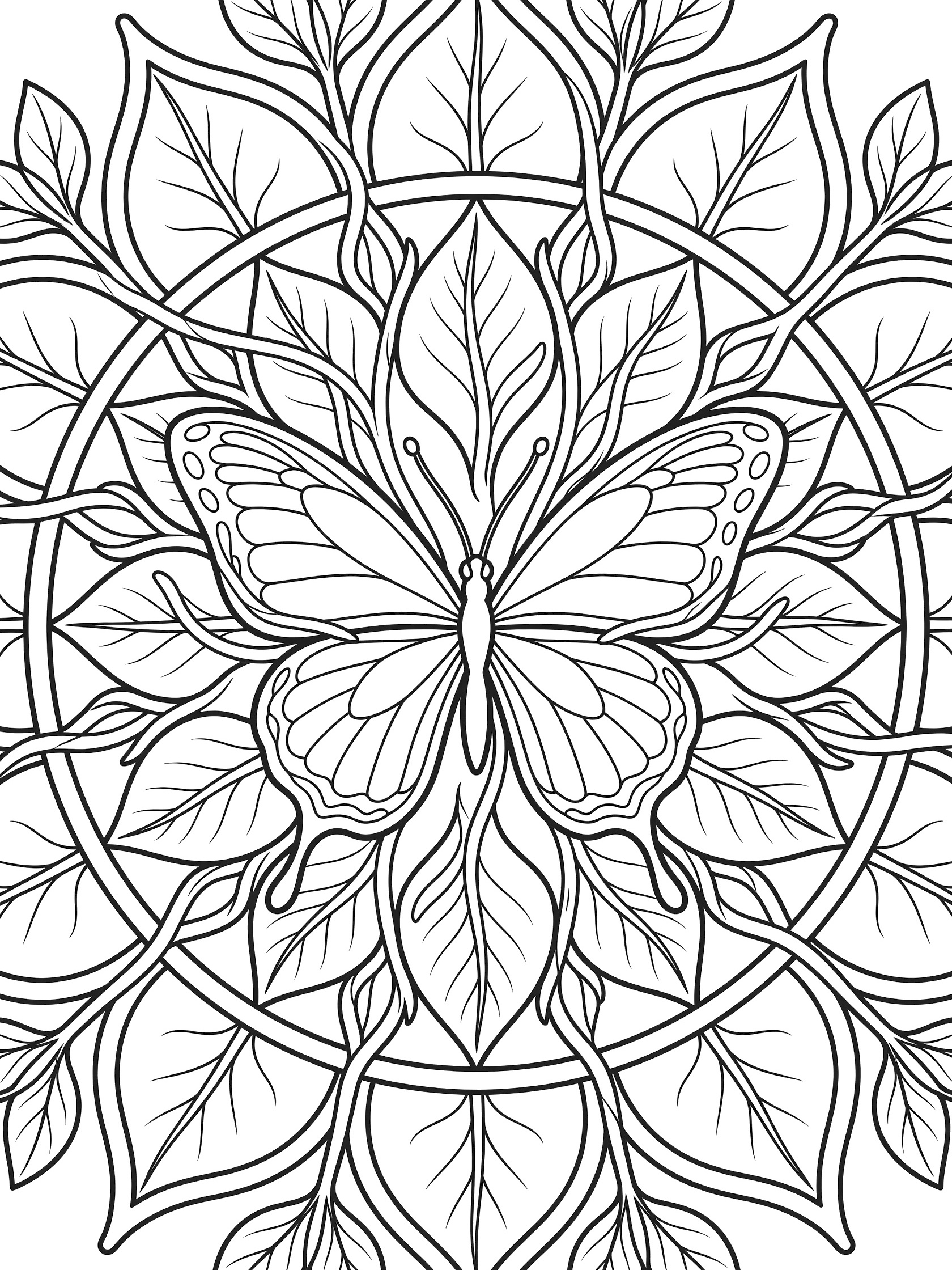 Black and white line art of a central butterfly in a mandala design surrounded by broad leaves and vines, printable coloring page.