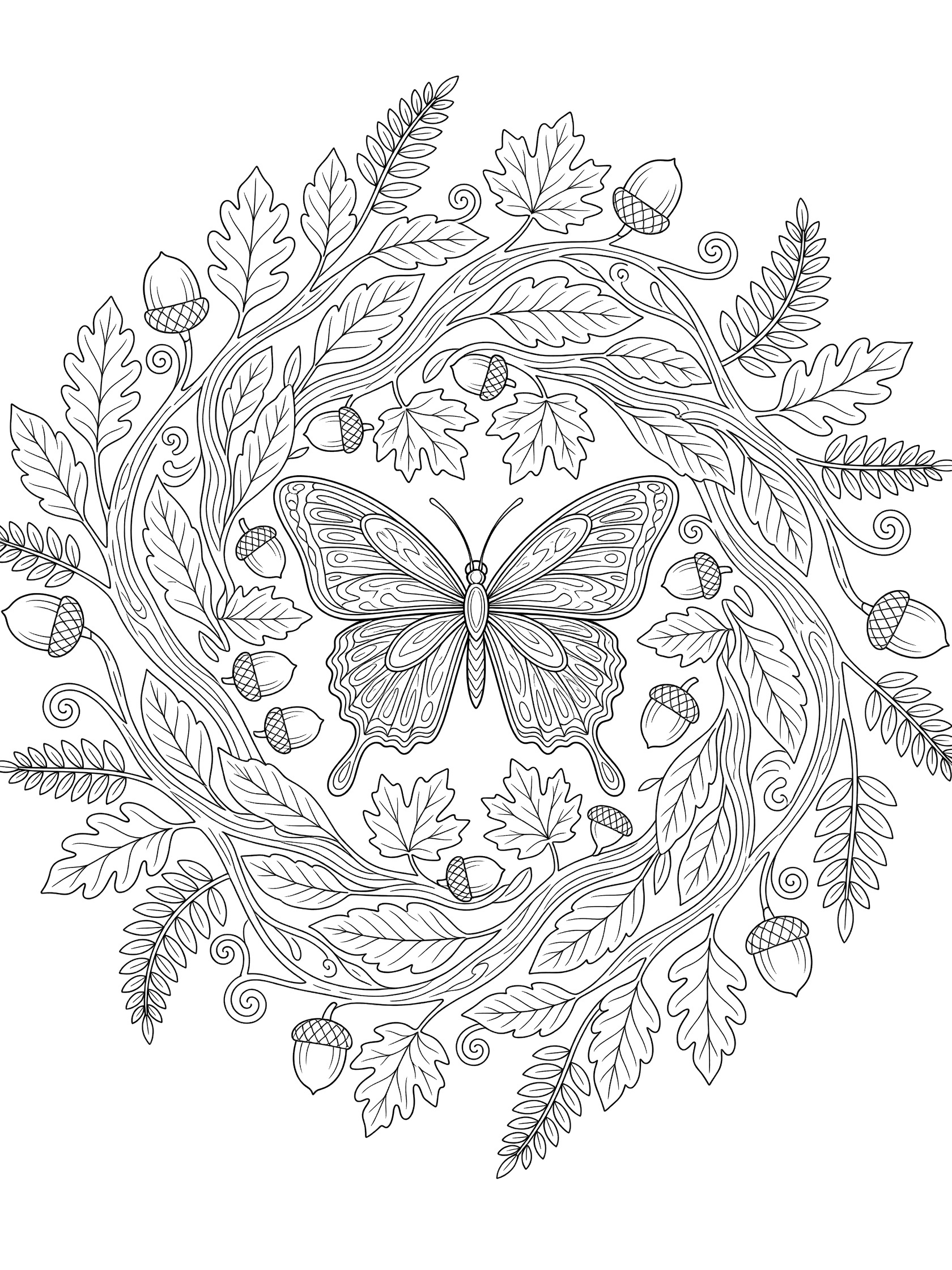 Black and white line art mandala featuring a central butterfly surrounded by oak leaves, acorns, ferns, and swirling branches in a symmetrical circular pattern.