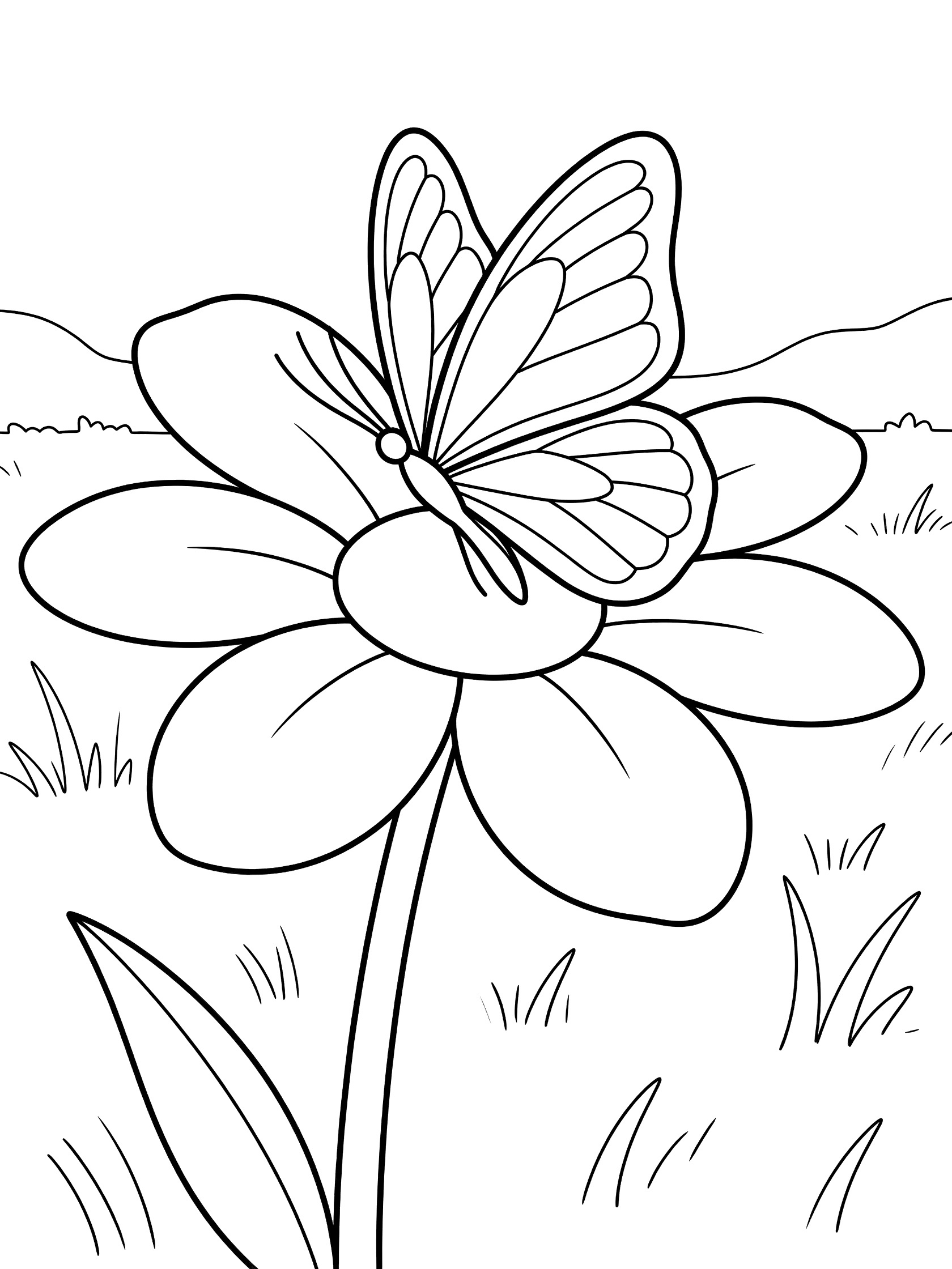 Printable coloring page showing a butterfly perched on a large daisy flower with stem, leaves, grass, and distant hills in clean line art.