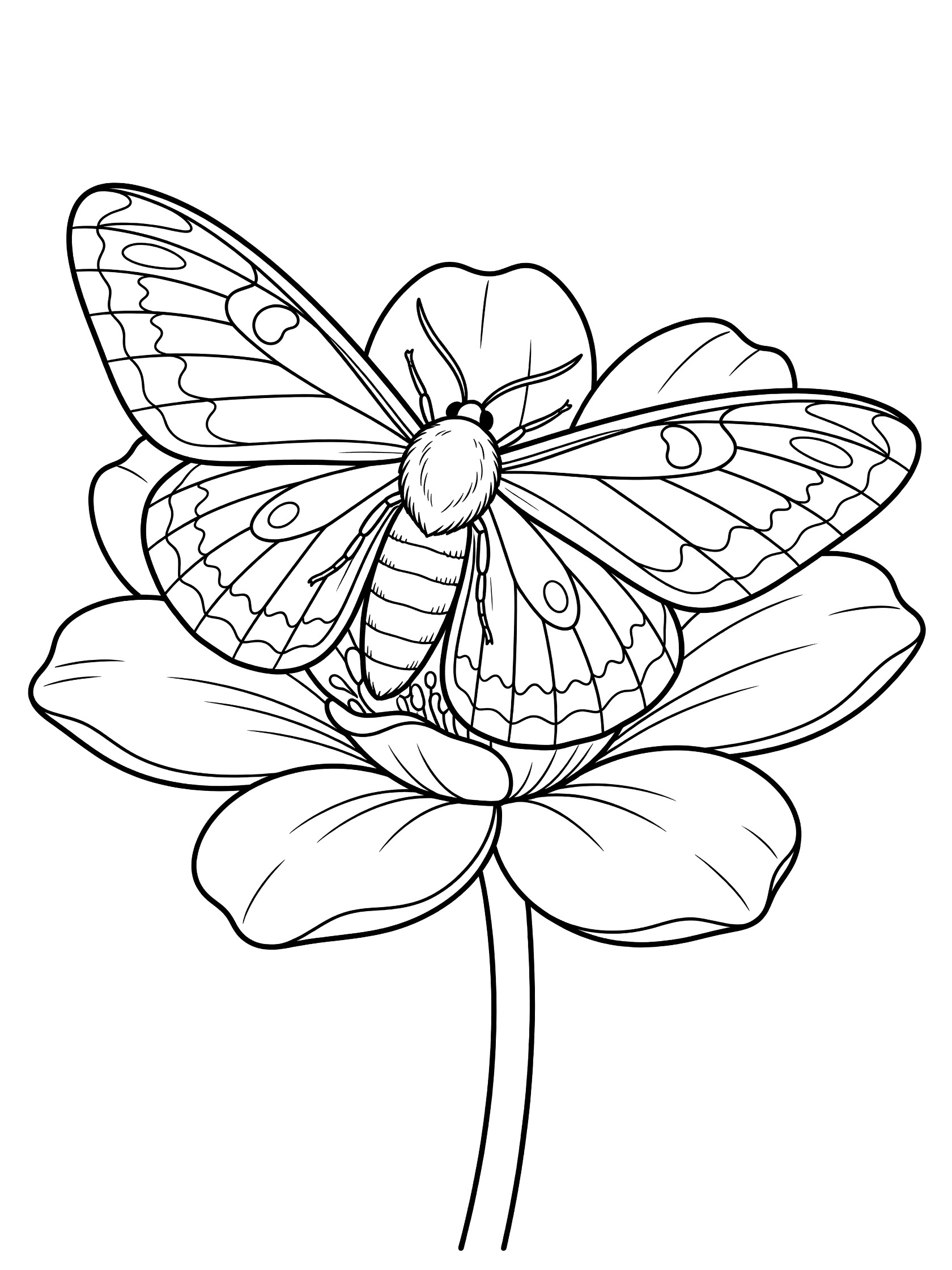 Black and white line drawing of a butterfly with patterned wings sitting on a flower with curved petals and a stem. Moth themed black and white printable line art