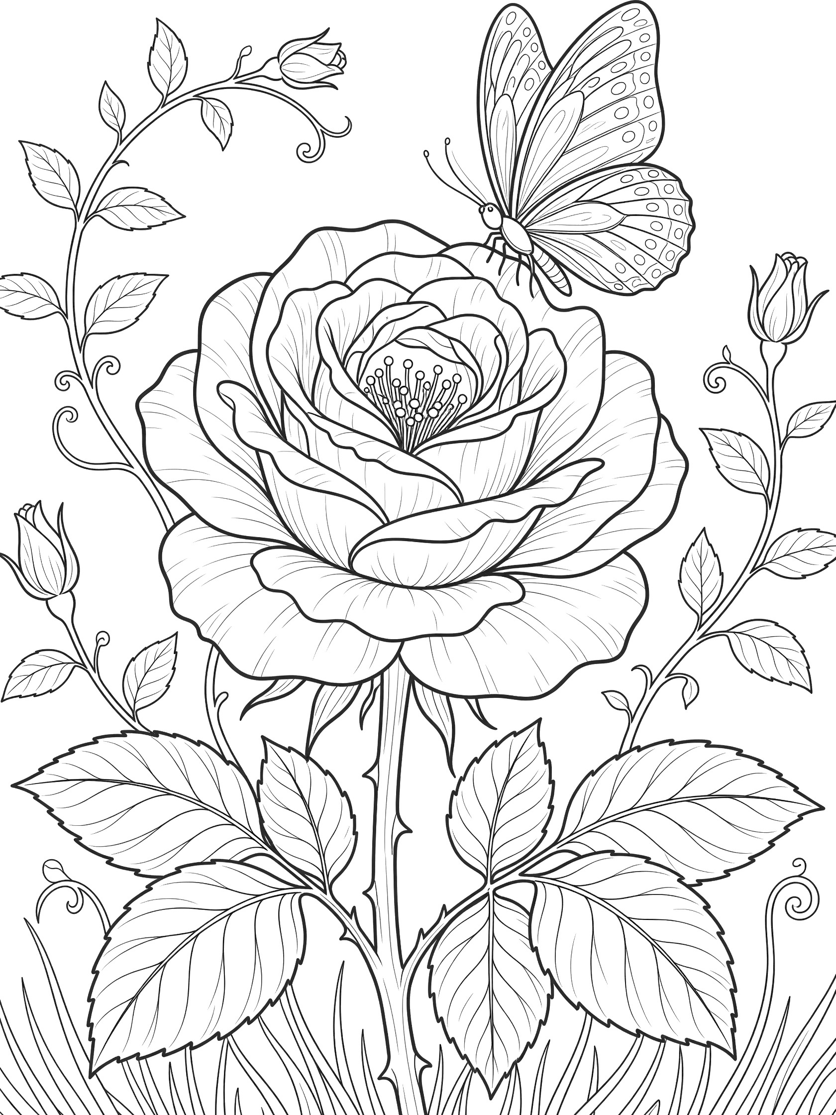 Cute line art coloring page showing a large blooming rose with a butterfly perched on one petal, detailed wings, stem with thorns, leaves and background vines.