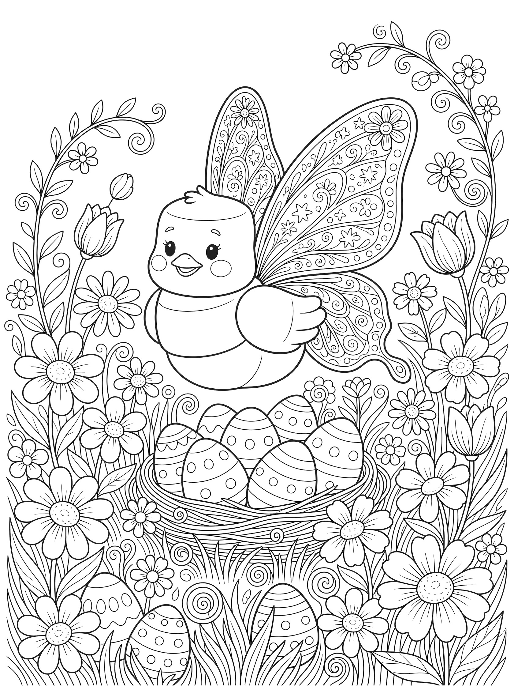 Printable coloring page showing a puffy Peeps marshmallow chick with detailed butterfly wings fluttering above Easter eggs in a flower garden