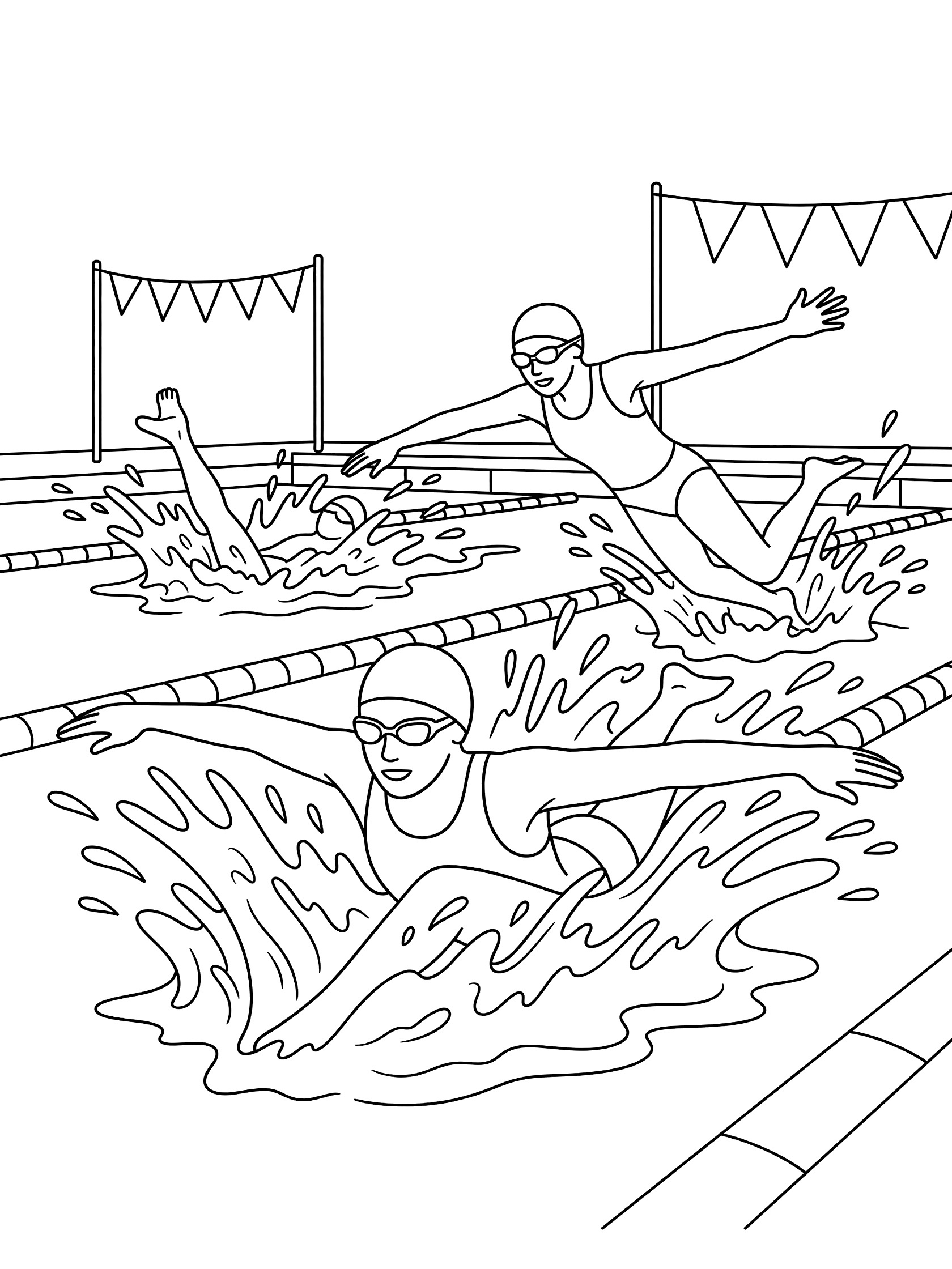 Black and white line art of two swimmers doing a butterfly relay touch in a pool with splashing water, lane ropes, and flags.