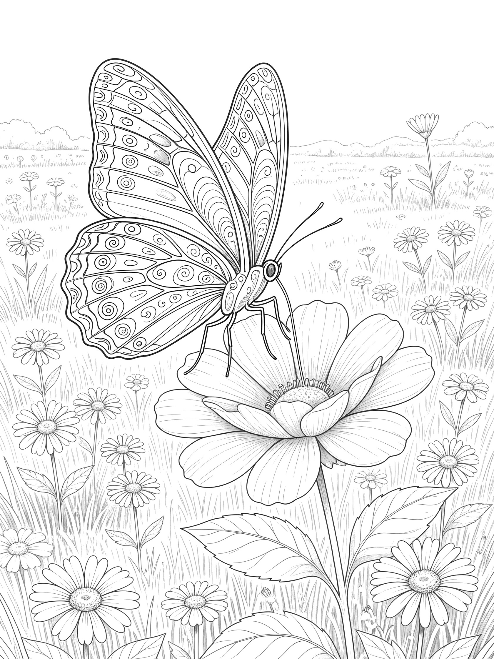 Black and white coloring page showing a detailed butterfly perched on a flower sipping nectar, surrounded by meadow flowers and grass.