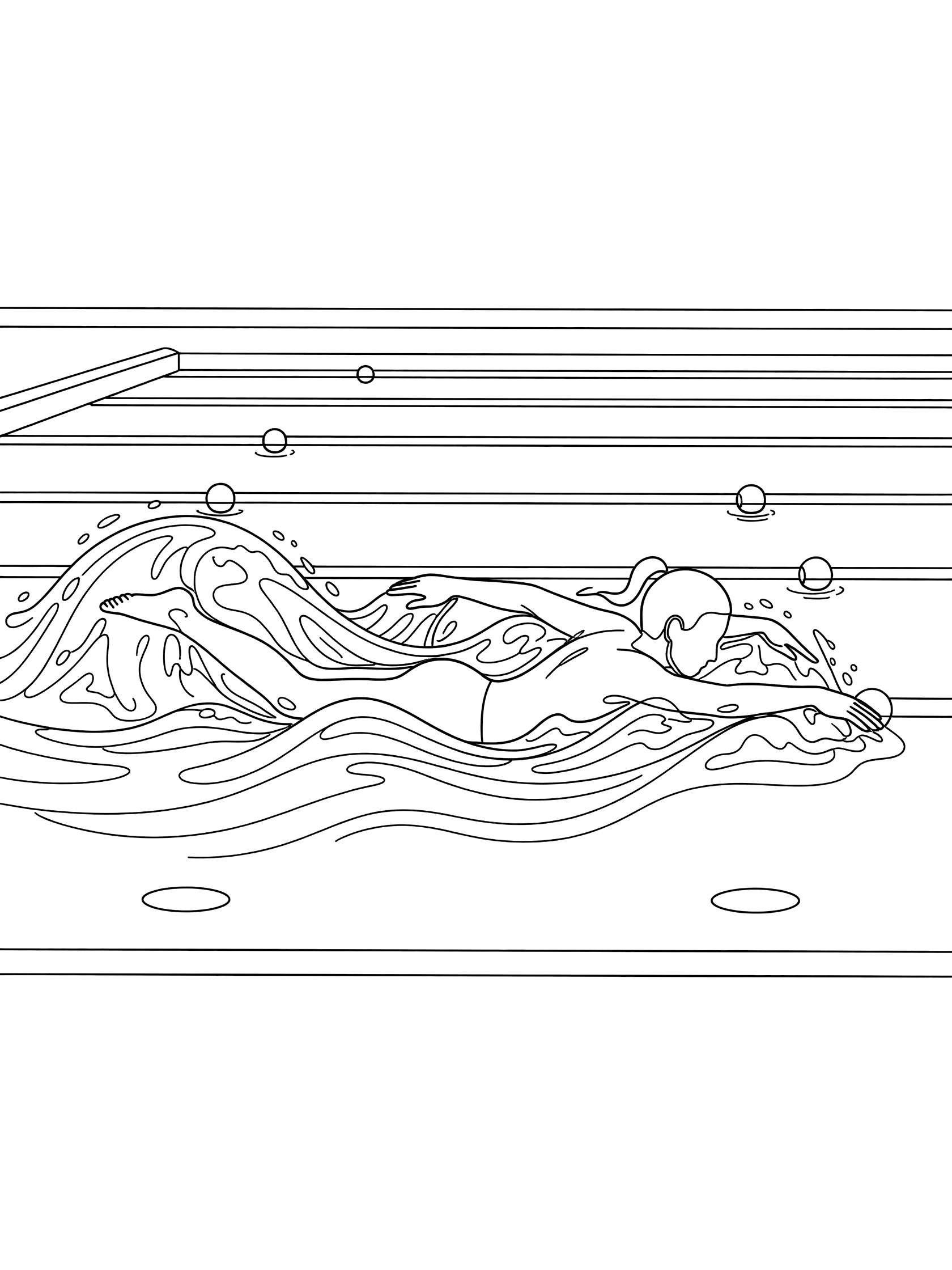 Black and white coloring page of a swimmer in butterfly stroke using dolphin kick propulsion, waving body in pool with bubbles and buoys.