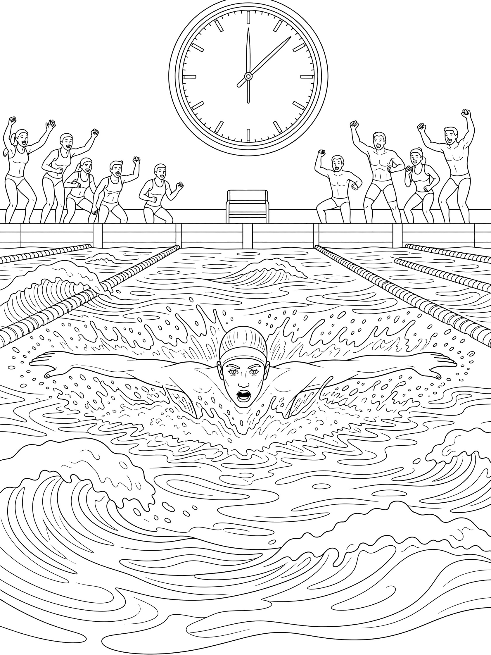 Black and white line art of a swimmer doing butterfly stroke, arms pulling through churning water, head above surface, teammates cheering on pool deck with clock on wall.