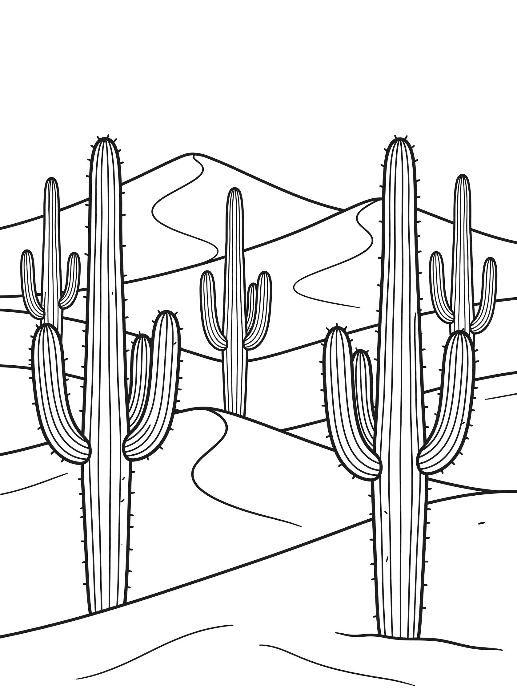 Black and white coloring page showing tall spiky cacti at the base of undulating sand dunes in a desert landscape