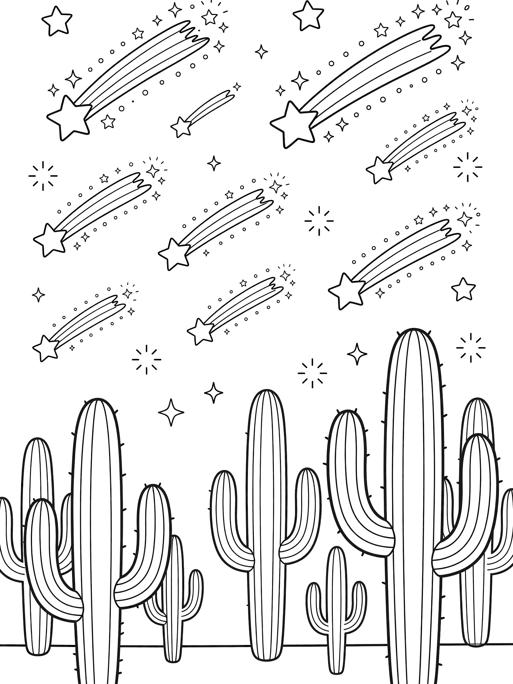 Black and white line art of tall cacti silhouetted against a night sky with multiple shooting stars, sparkles, and rounded star shapes. Meteor Shower themed black and white printable line art