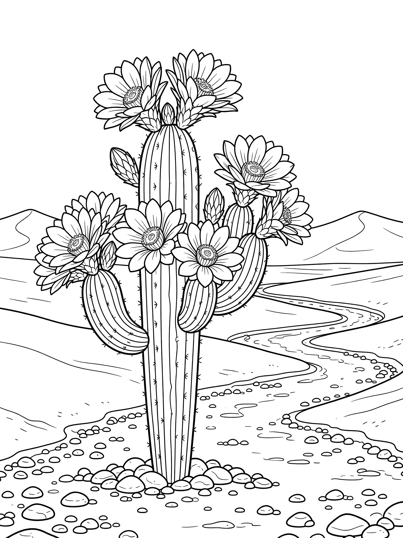 Black-and-white coloring page of a tall blooming cactus in Death Valley dry wash with flowers, pebbles, wavy riverbed, and sandy dunes.