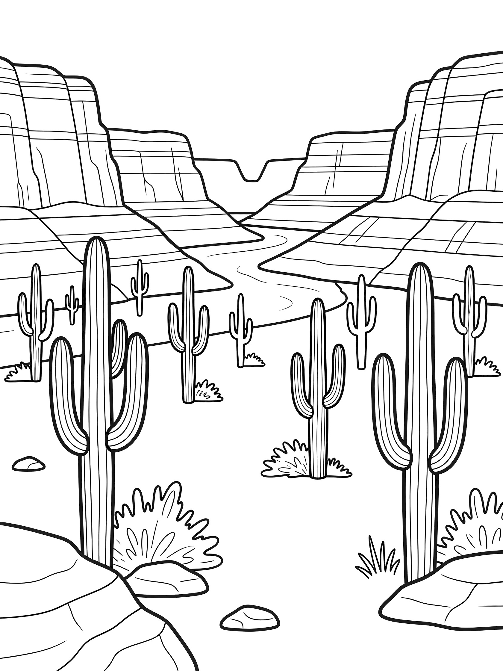 Black and white line art coloring page of a canyon with tall saguaro cacti on the ground, tall layered cliffs on both sides, a curving river in the distance, small bushes, and scattered rocks. Marble Canyon themed black and white printable line art