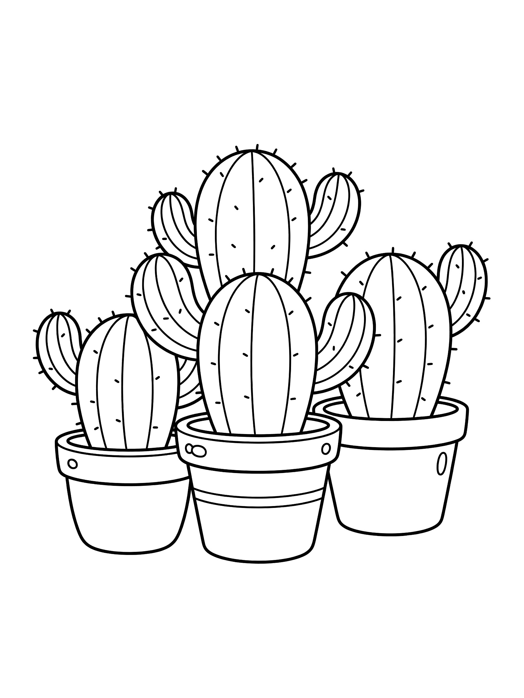 Black and white line art coloring page showing three different shaped cacti plants in matching round pots grouped together