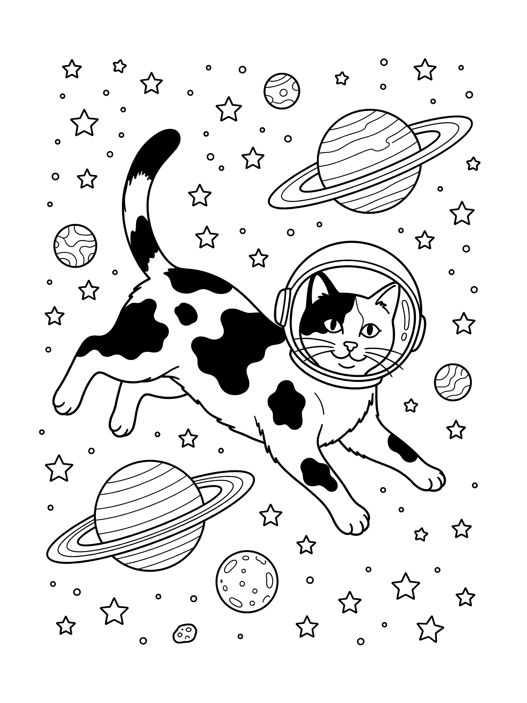 Black and white line art coloring page showing a calico cat astronaut wearing a helmet, surrounded by stars and planets in space.