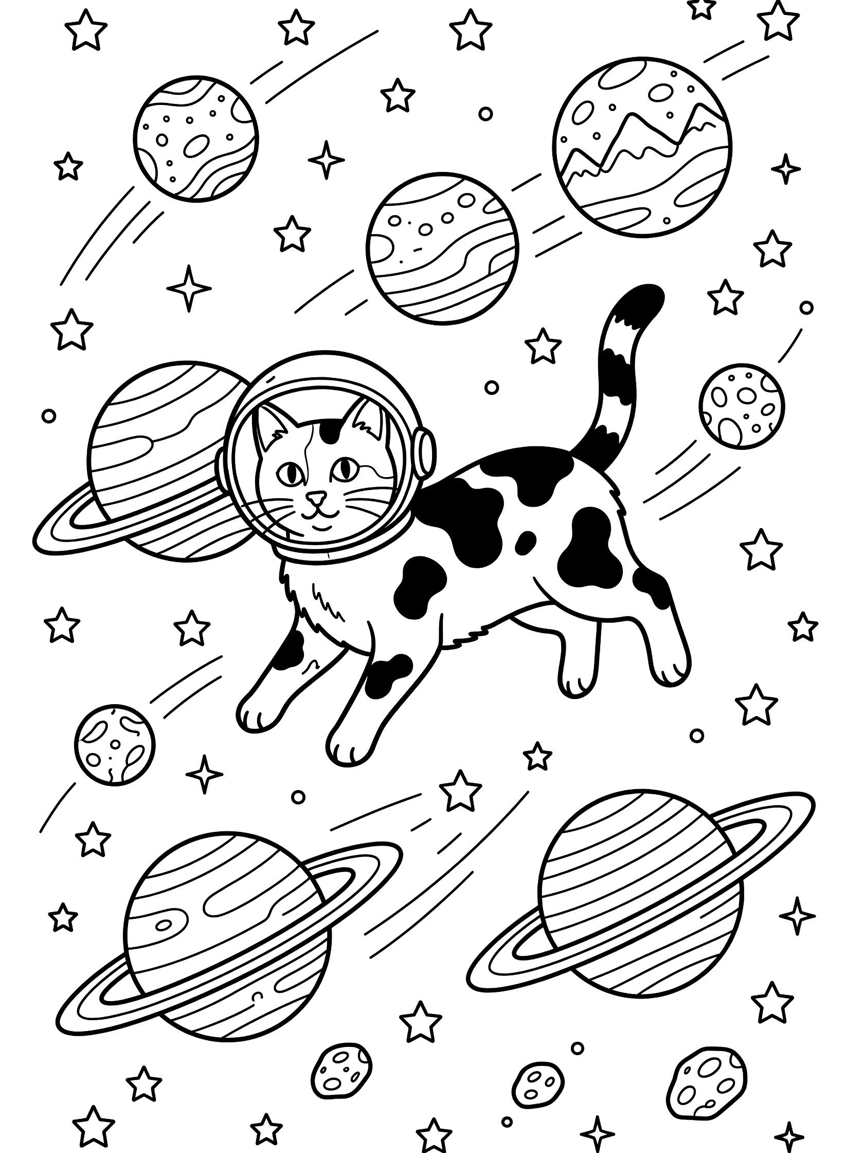 Black and white line art coloring page showing a calico cat in an astronaut helmet floating among planets and stars in space.