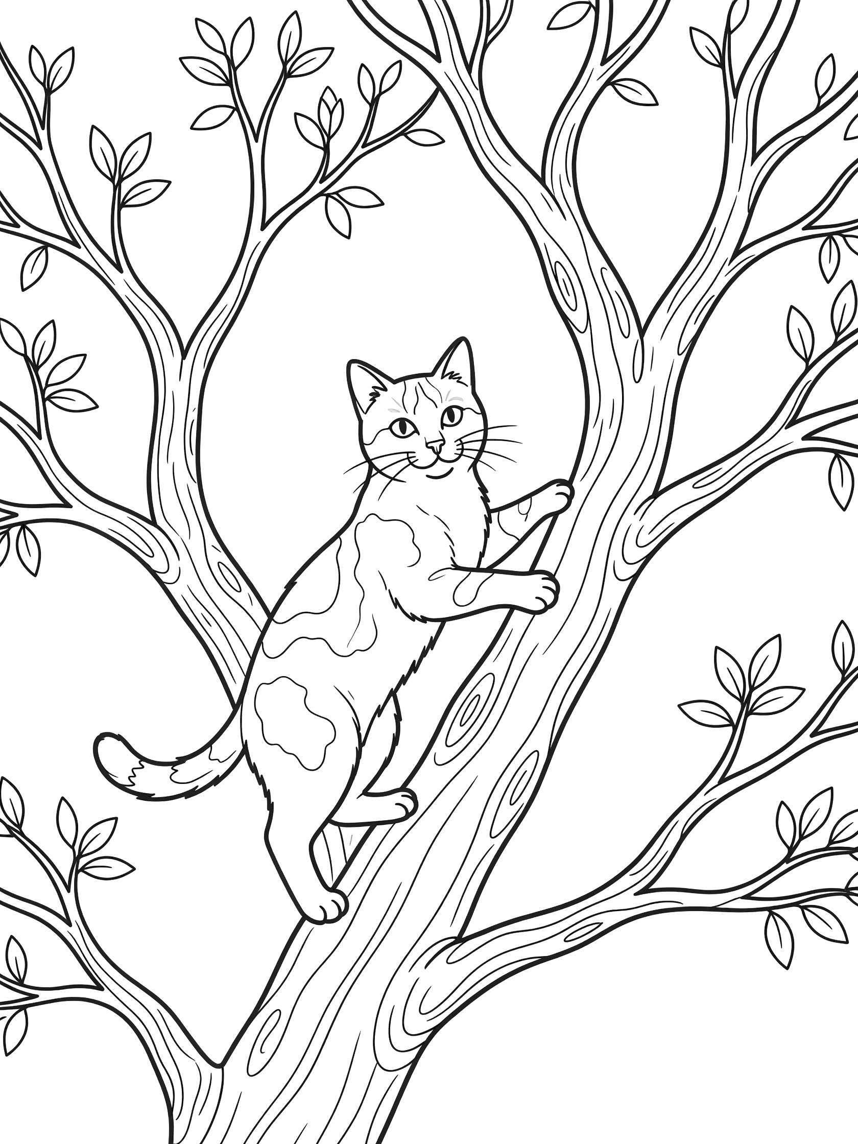Black and white line art coloring page showing a calico cat in a dynamic climbing pose on a tree with patchy fur pattern and simple leaves.