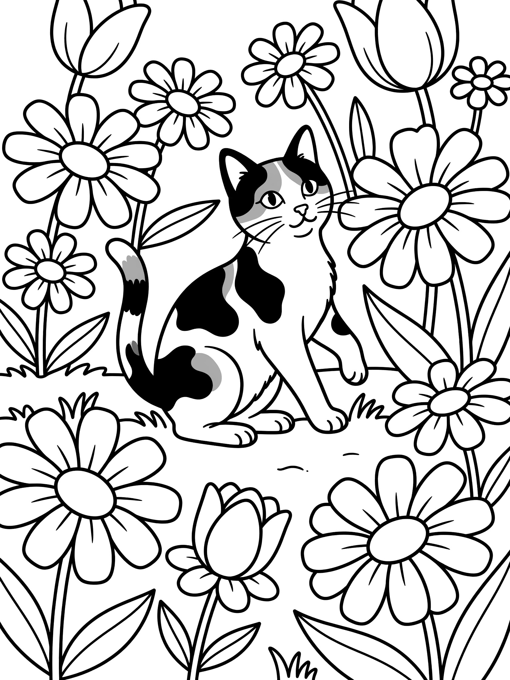 Black and white line art coloring page showing a single calico cat with patchy fur sitting among big tulips and daisies in a flower garden.