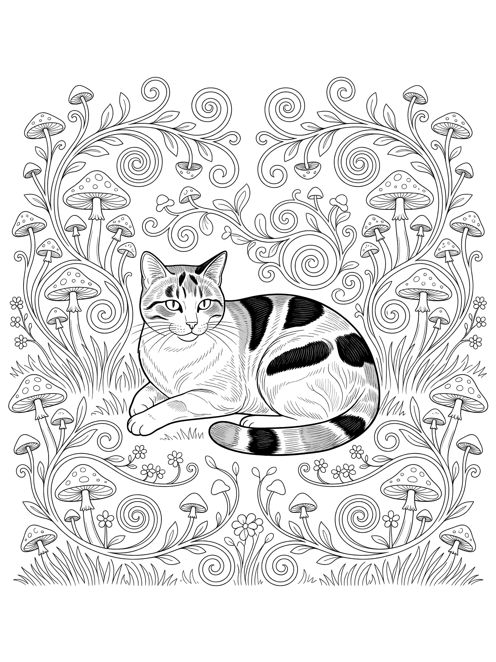 Detailed line art coloring page featuring a calico cat sitting among mushrooms and swirling vines in a magical meadow design
