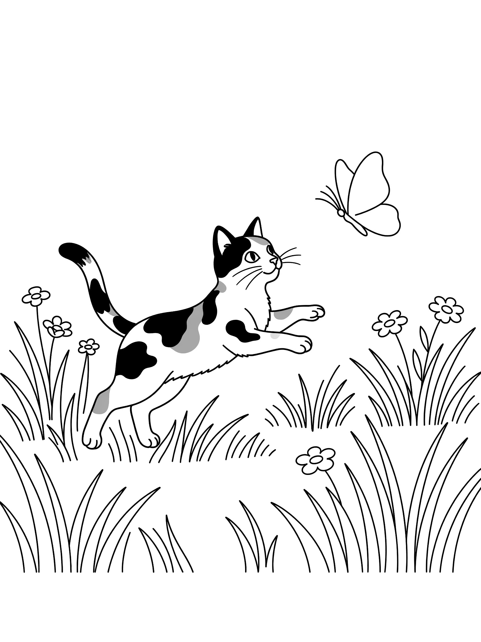 Line art coloring page showing a calico cat with distinct fur patches leaping to catch a butterfly amid meadow grass and flowers. Calico Cats themed black and white printable line art