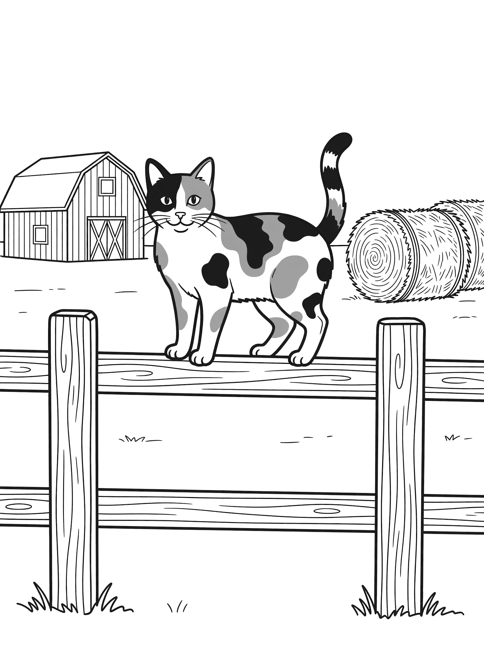 Printable coloring page showing a calico cat sitting on a wooden fence with a barn and hay bales in the background