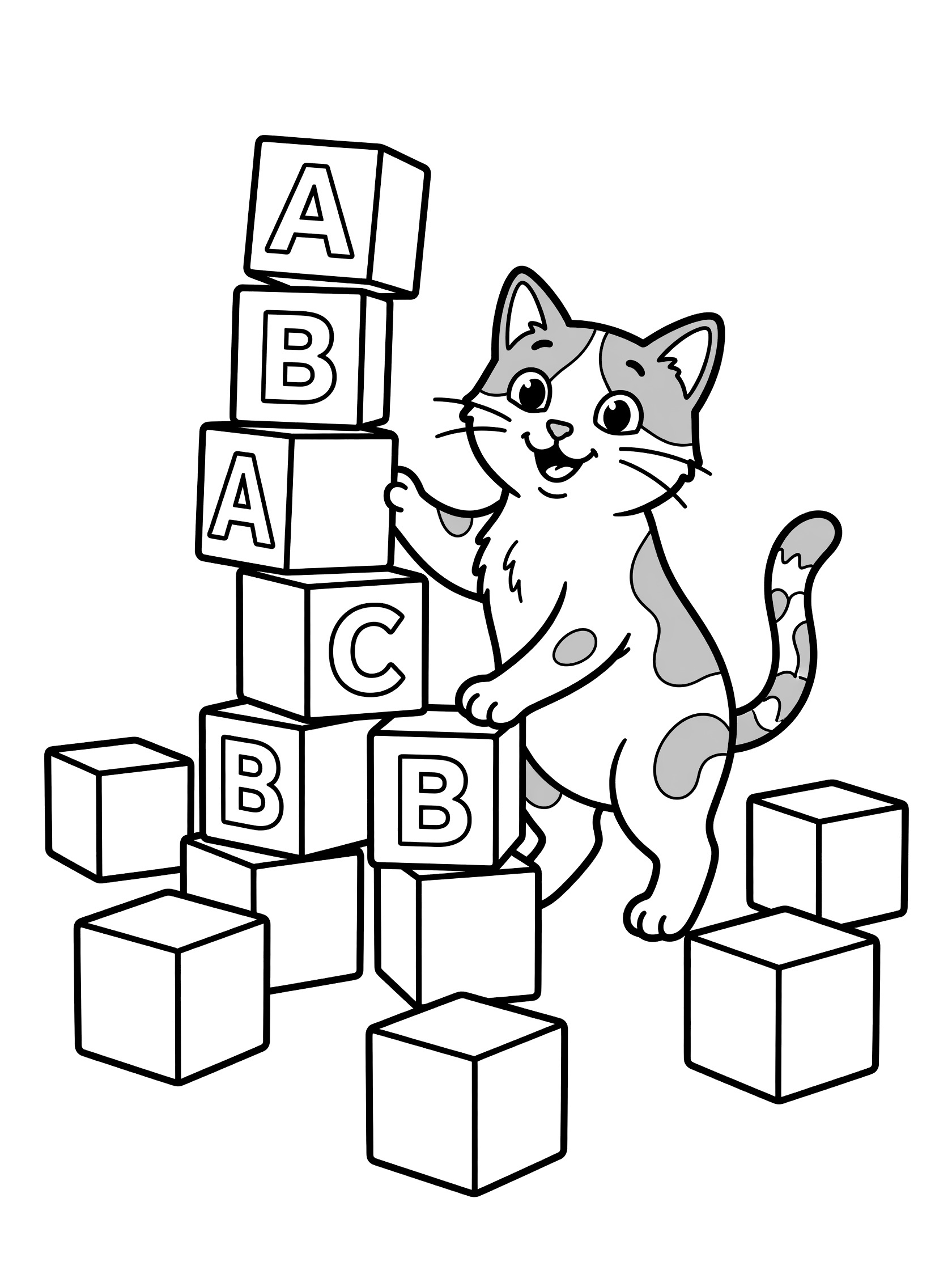Black and white line art coloring page showing a cute calico cat with spots stacking tall ABC letter blocks, simple outlines for easy coloring.