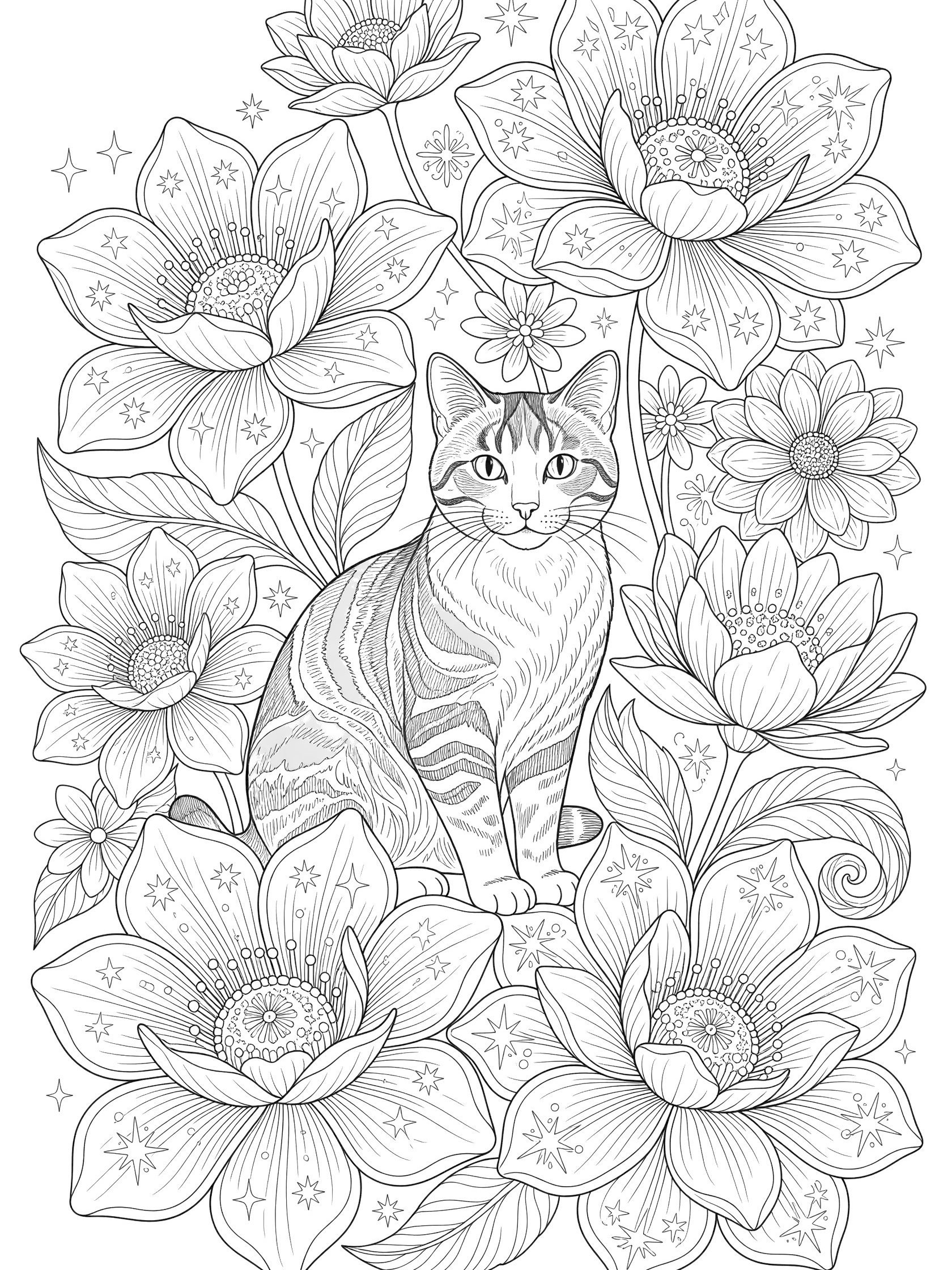 Black and white line art coloring page featuring a calico cat sitting among large flowers with stars, intricate details for kids and adults.