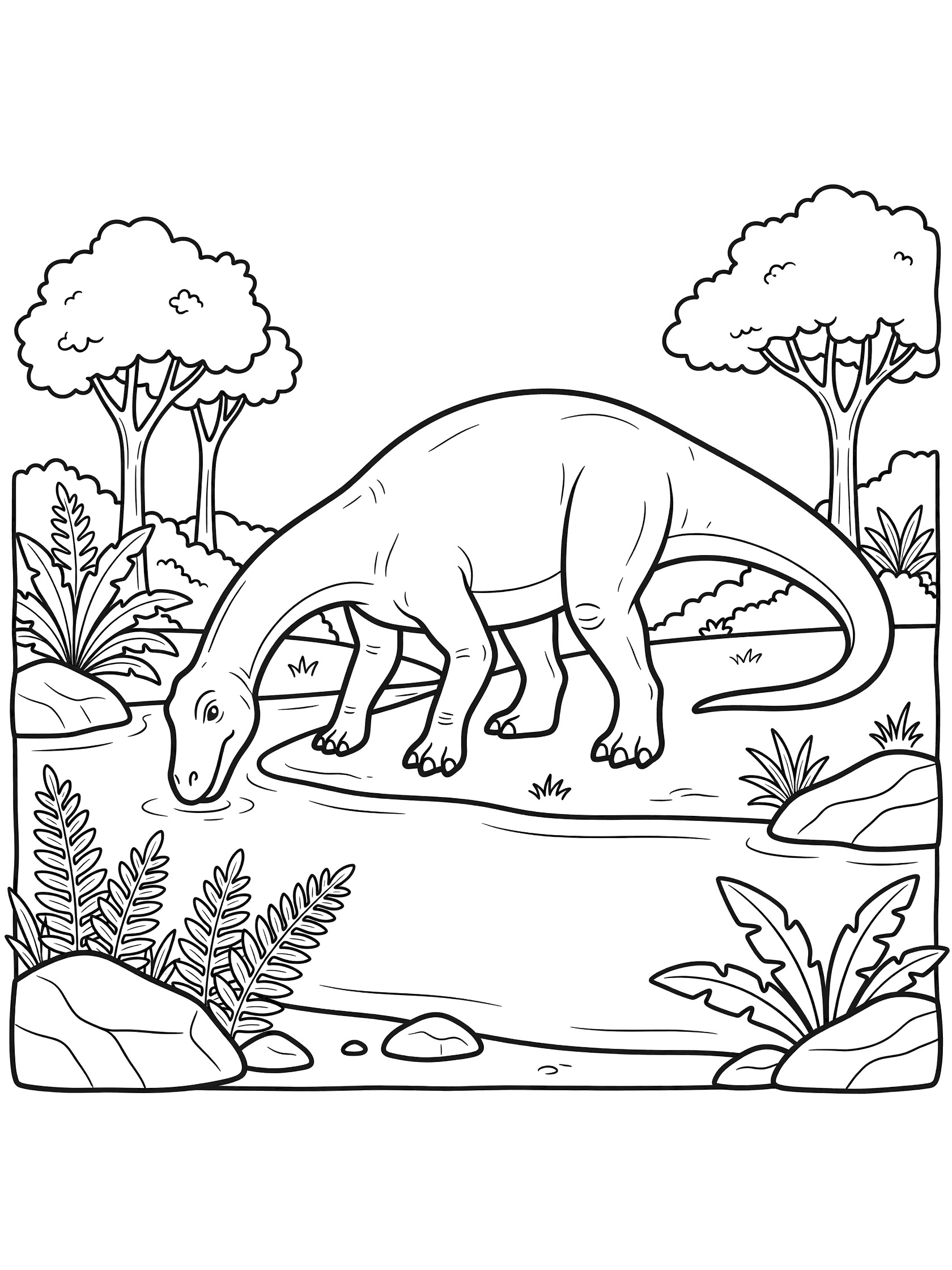 Black and white line art of a Camarasaurus dinosaur bending its long neck to drink from a calm river, with front feet in the water, curved tail, rocks, ferns, and trees.