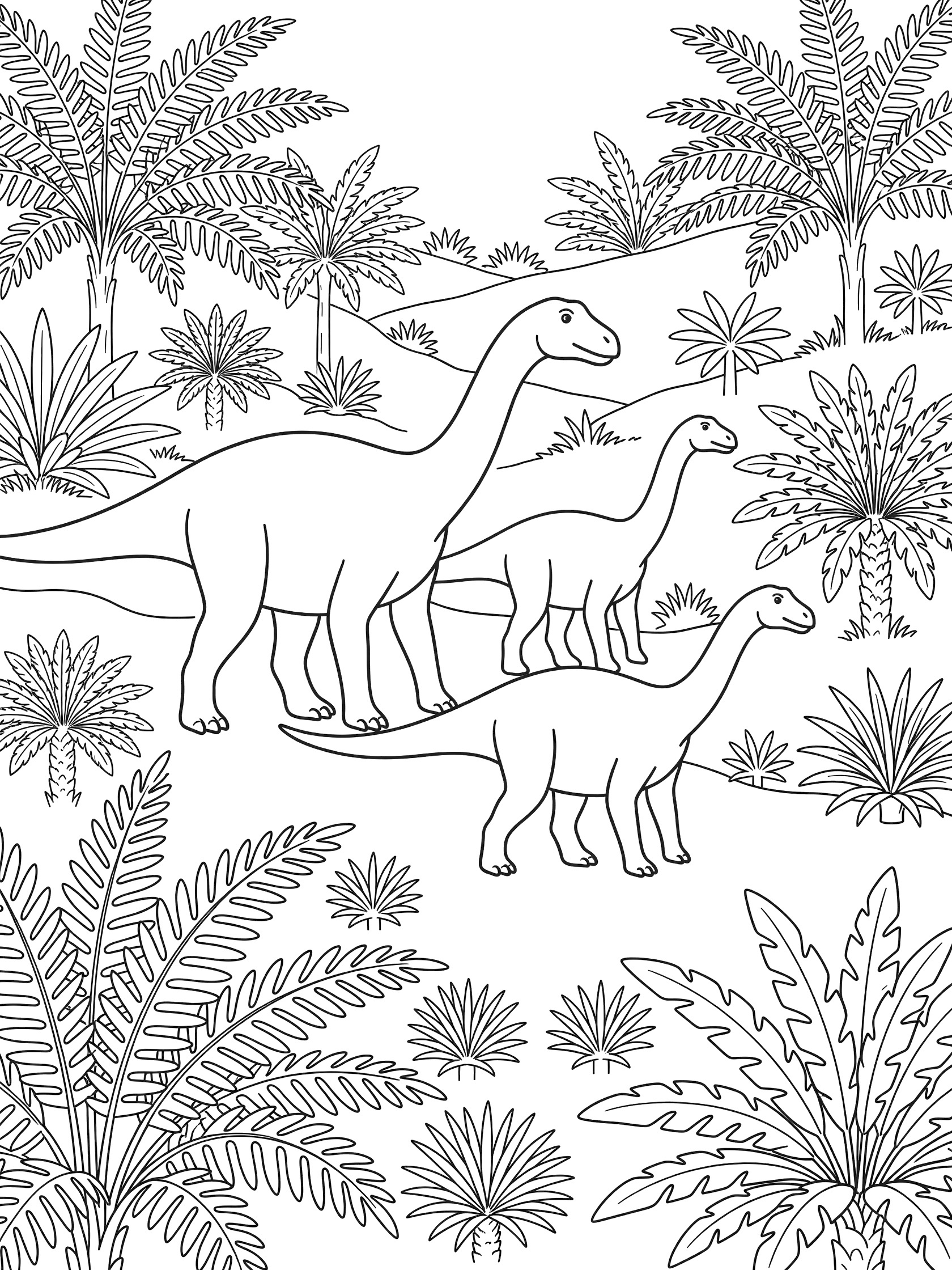 Black and white line art of a large Camarasaurus leading two small juvenile Camarasaurus walking side by side in a prehistoric valley with tall ferns and cycads.