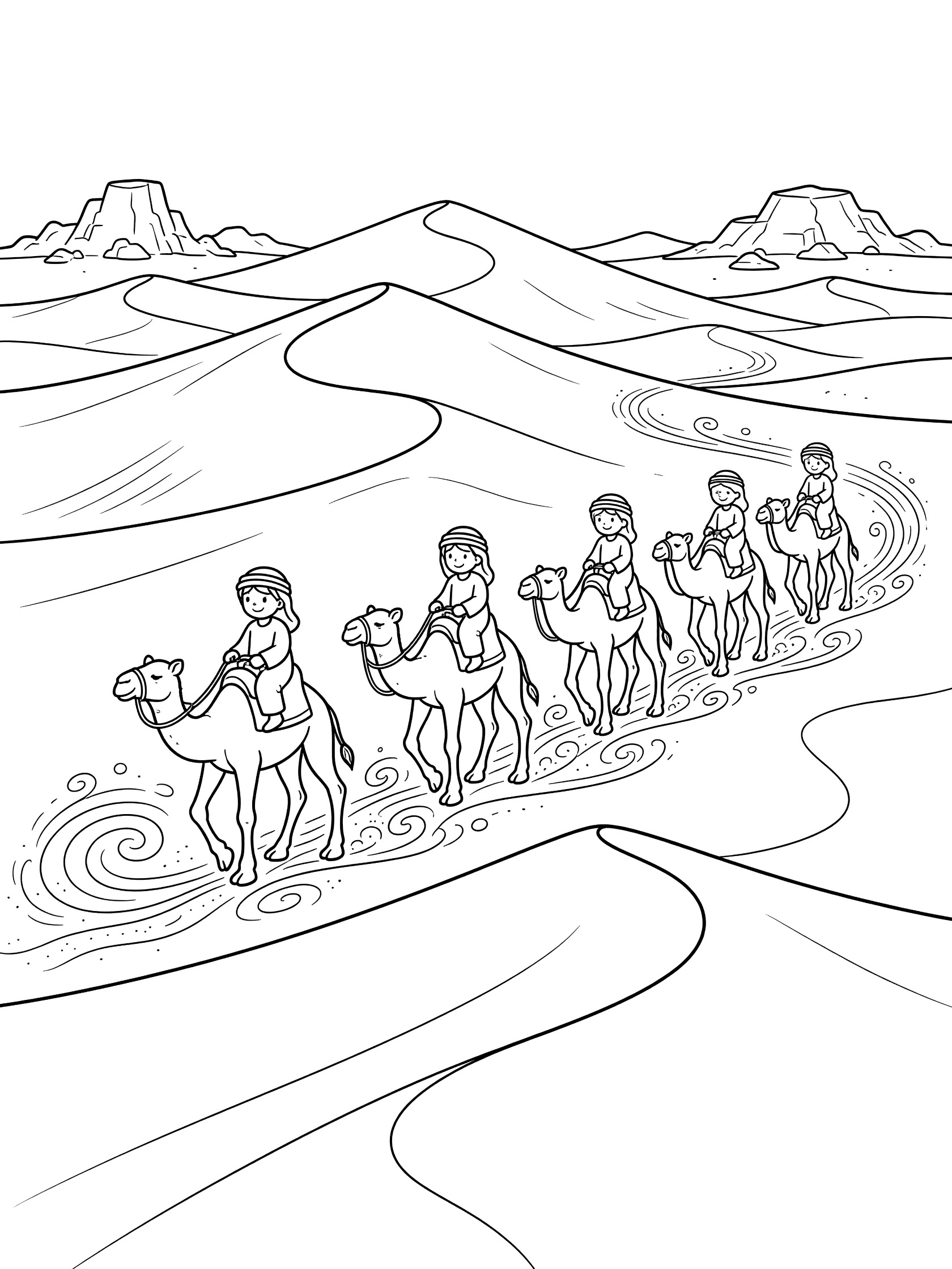 Black-and-white coloring page of a line of camels with riders trekking over tall sand dunes in the Arabian Desert, showing swirling sand patterns and rocky hills.