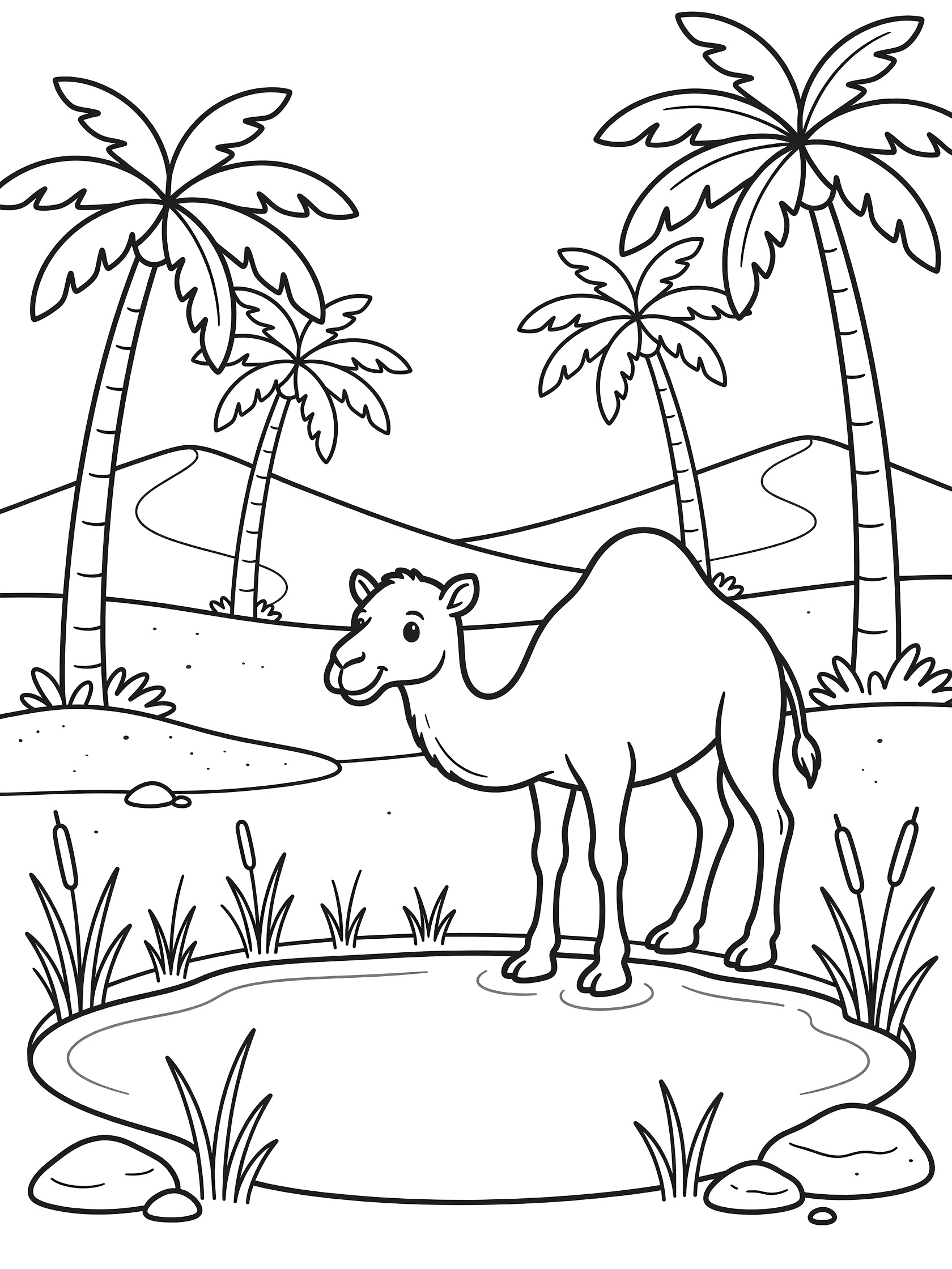 Black-and-white coloring page of a cartoon camel bending to drink at a lush oasis pond surrounded by palm trees and sand dunes.