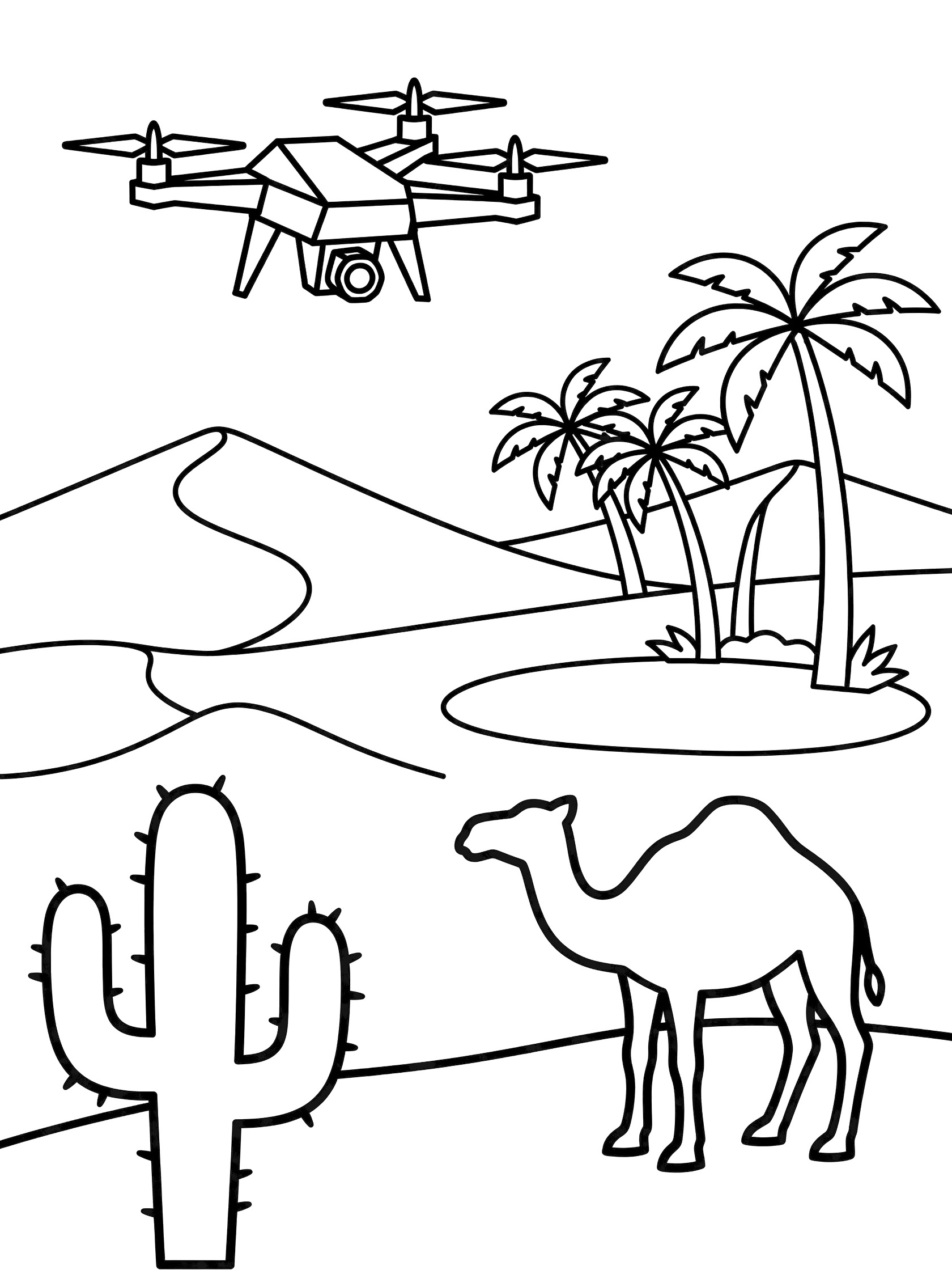 Black and white line drawing of a camel standing by cacti in a desert scene with dunes palm trees on an oasis and drones flying overhead