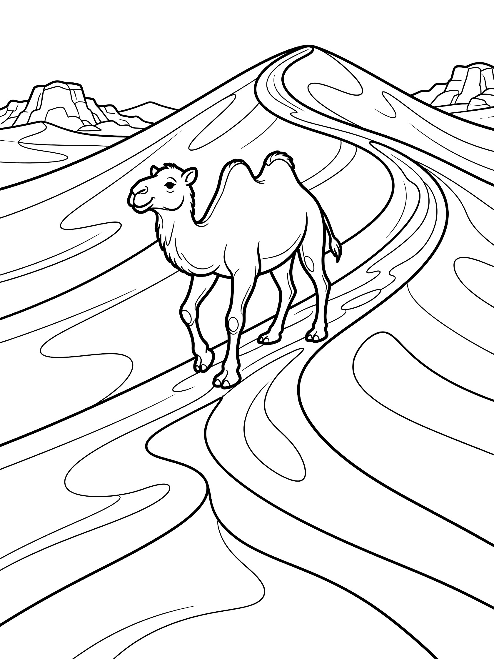 Black and white line art coloring page showing a Bactrian camel walking up a sand dune in the Gobi Desert with swirling sand and rocky hills in the background.
