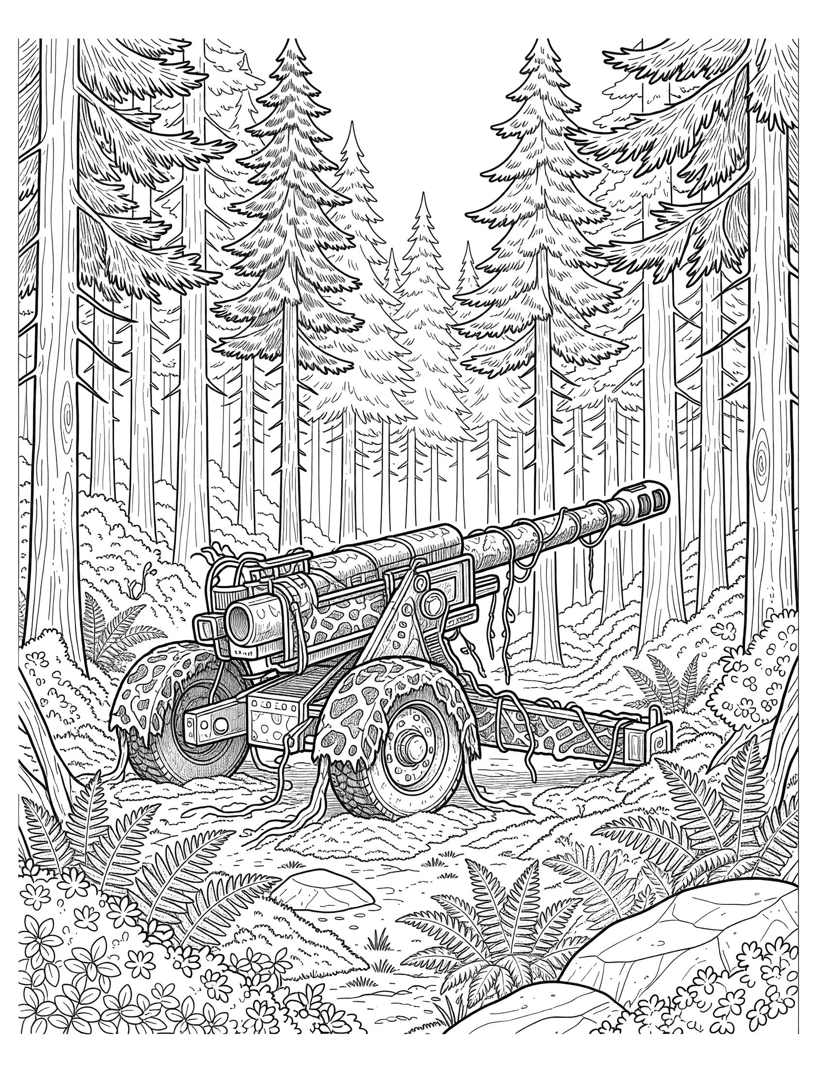 Line art coloring page showing a camouflaged howitzer artillery gun in a forest, with netting over the barrel and wheels, surrounded by pine trees, ferns and rocks.
