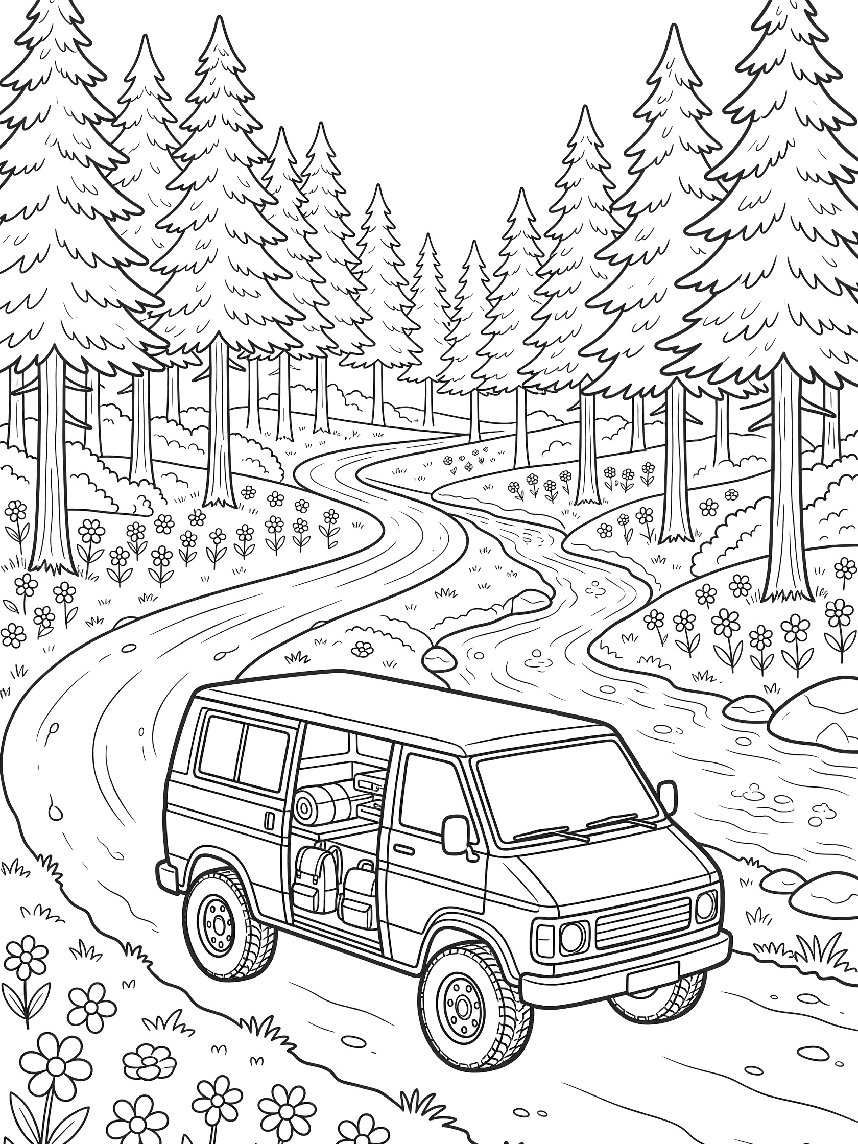 Line art coloring page showing a camper van with open doors and camping gear driving along a curvy dirt road through tall pine trees, wildflowers, and a stream in a forest clearing.