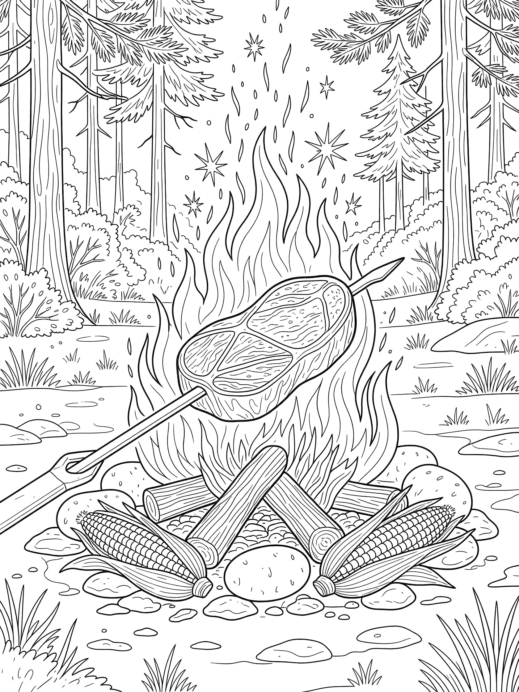 Black and white coloring page of a steak on a skewer roasting above campfire flames with sparks, potatoes and corn in coals, forest trees around.