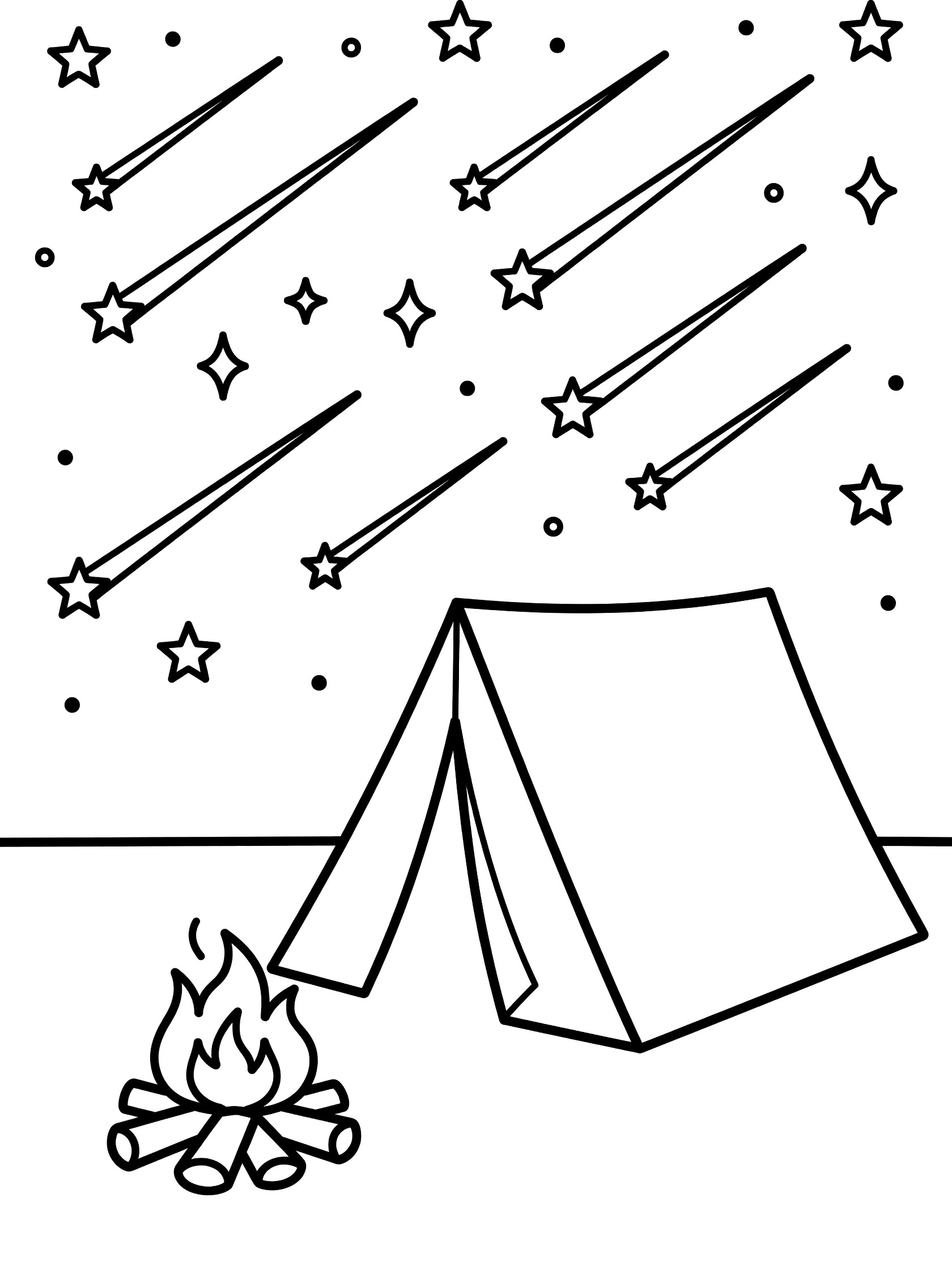 Black and white line art coloring page showing a simple camping tent next to a campfire under a sky filled with shooting stars and twinkling stars. Meteor Shower themed black and white printable line art