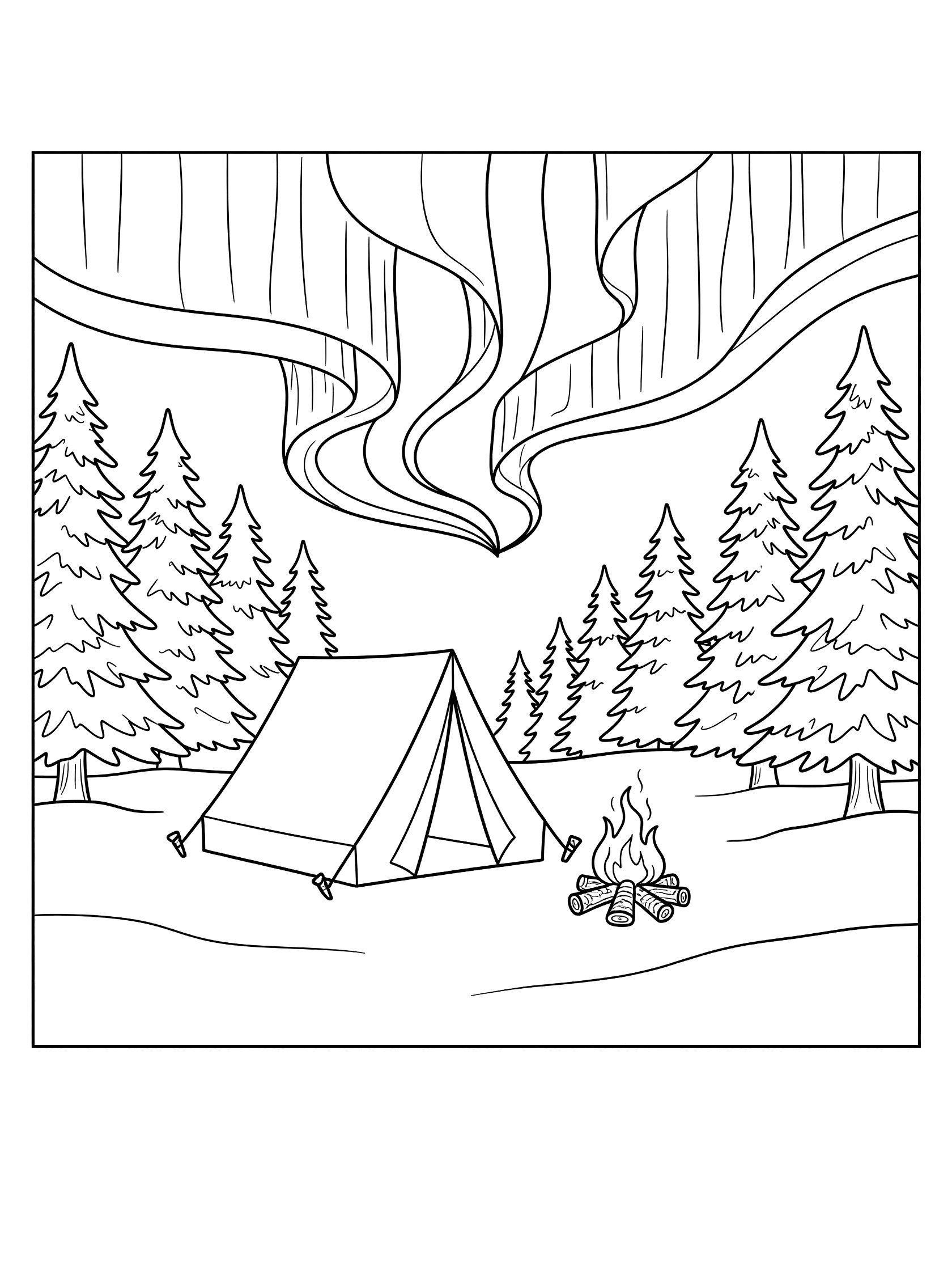 Black and white line art of a tent and campfire on snow under northern lights waves, framed by pine trees, coloring page. Aurora Borealis themed black and white printable line art