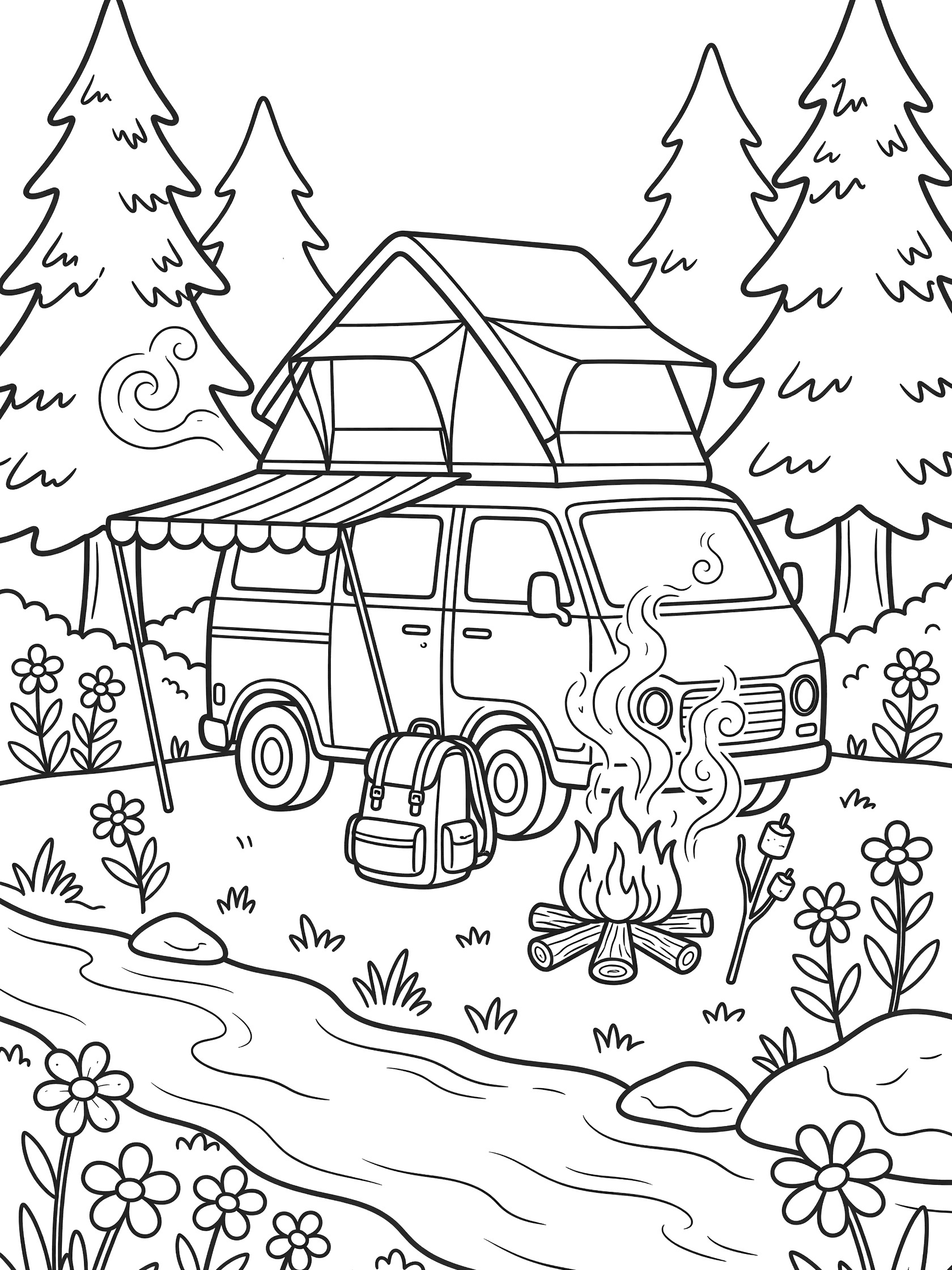 Line art coloring page showing a detailed camping van with popped-up roof tent, awning, campfire with marshmallows, backpack, pine trees, wildflowers and stream in a sunny forest clearing.