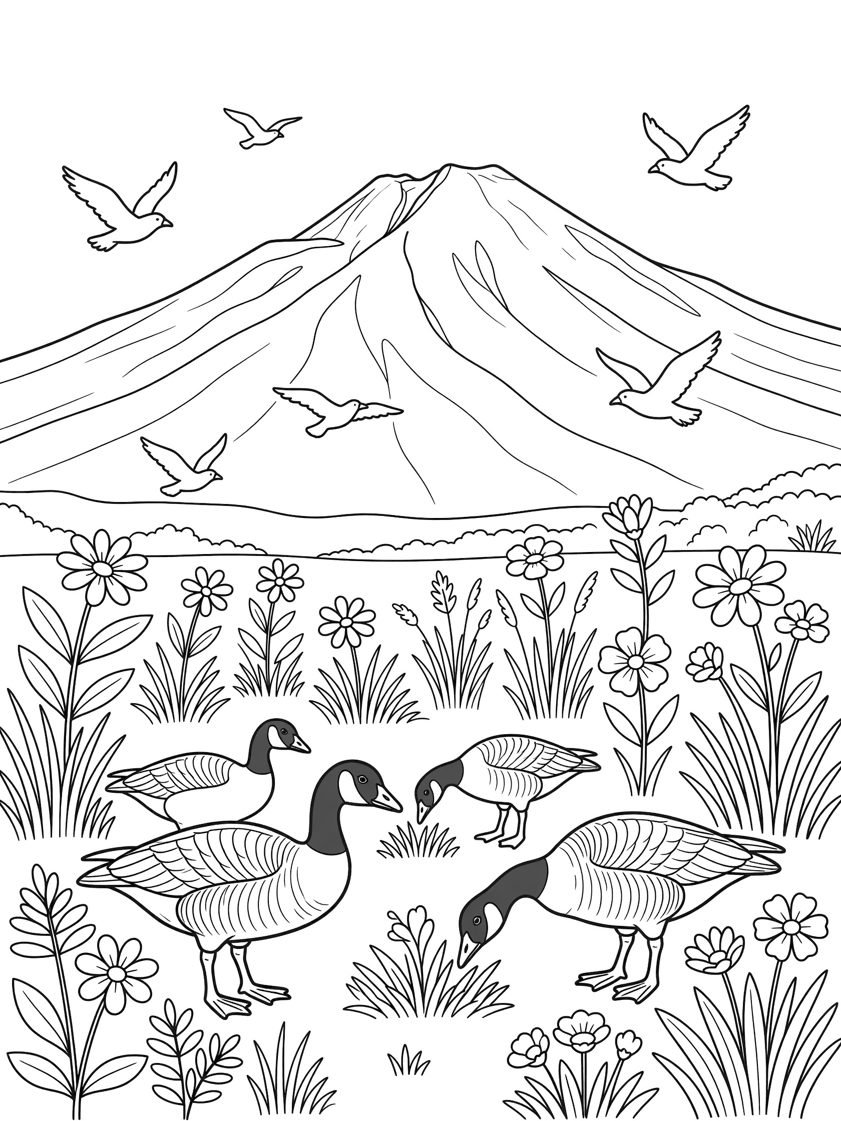 Black and white line art coloring page showing four Canada geese near grass and flowers at the base of a tall mountain with flying birds above. Mauna Kea themed black and white printable line art