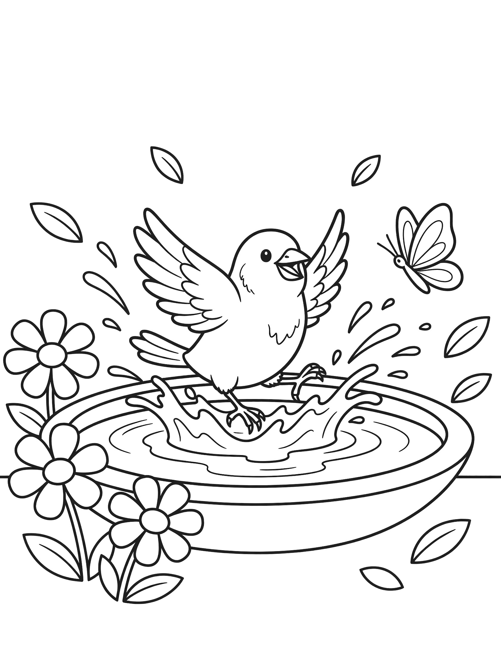 Black and white line art coloring page showing a cheerful canary bird splashing water in a shallow birdbath, surrounded by flowers, leaves, and a butterfly friend.