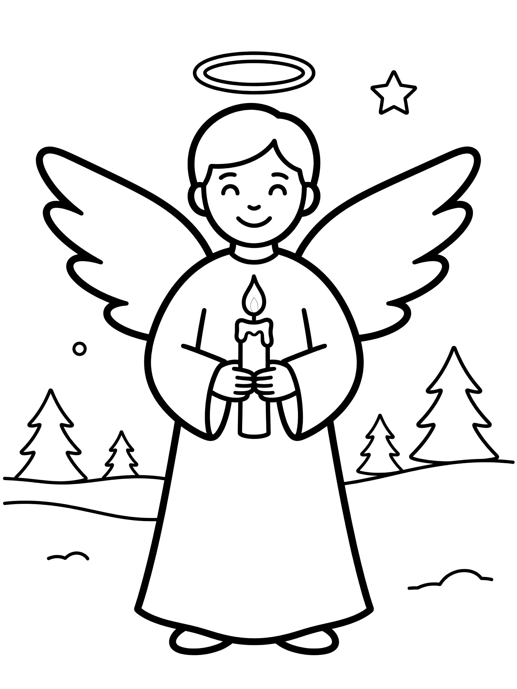 Simple line art coloring page showing a happy angel with large wings, halo and robe holding a candle with flame, standing on snowy ground with Christmas stars and pine trees.