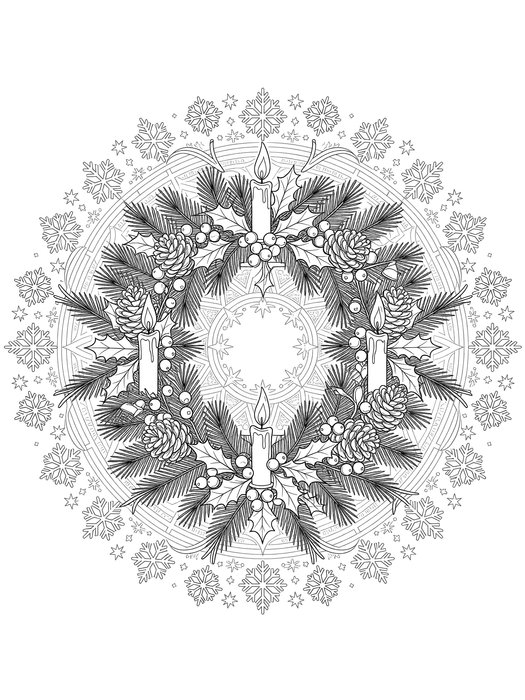 Detailed line art coloring page of a candlelit Christmas wreath featuring intertwined evergreen branches, holly leaves, red berries, pinecones, four candles with flames, snowflakes, stars, and ribbons in a mandala style.