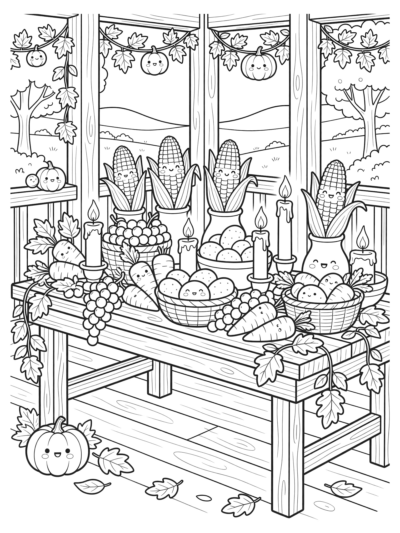 Kawaii style coloring page of a harvest table with Indian corn, grapes, root vegetables, pumpkins, candles, and fall garlands on a porch with window view.